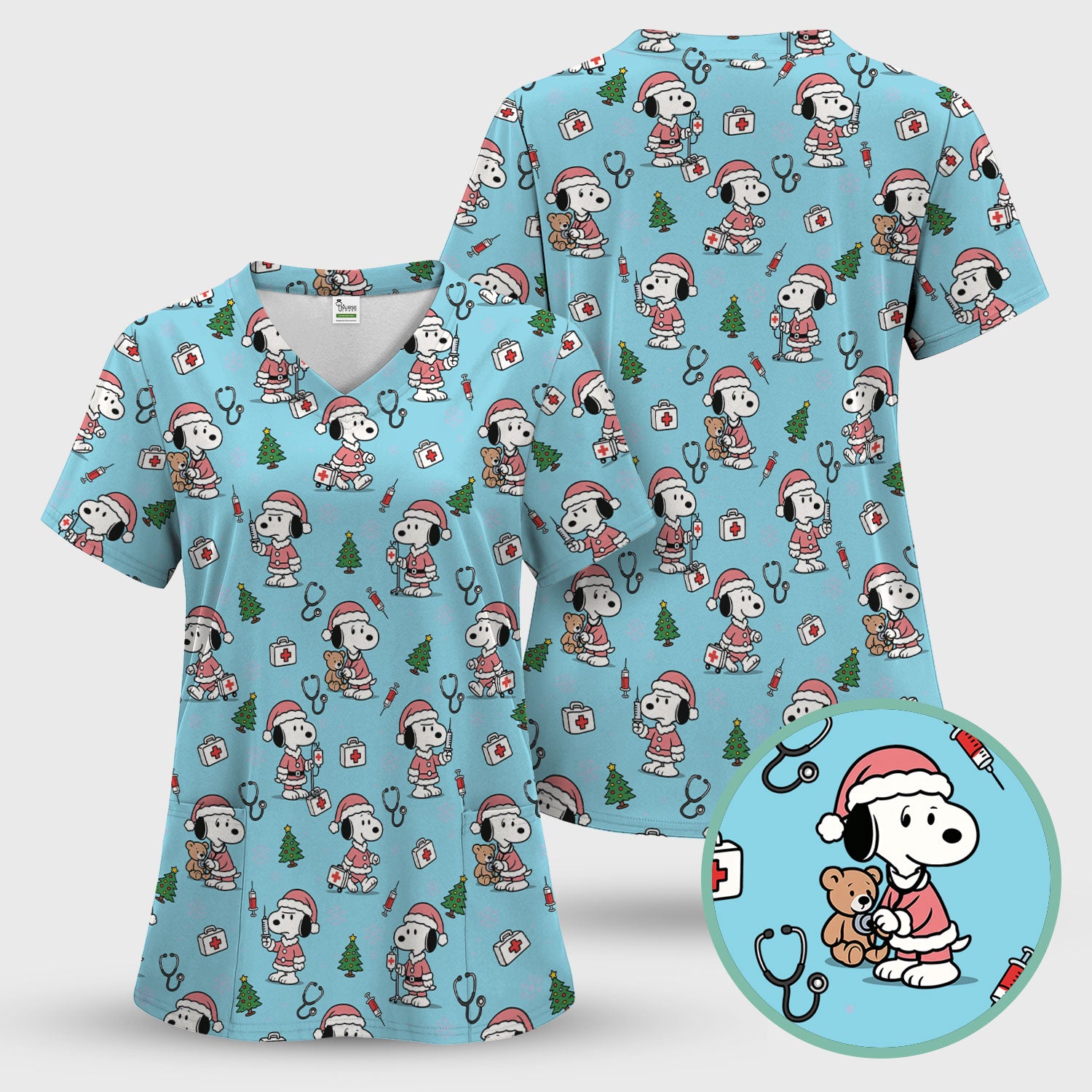 Snoopy Christmas Nurse Scrub Top for Women - Cute Cartoon Holiday Medical Uniform with Pockets - Nursing Gift for RN CNA LPN