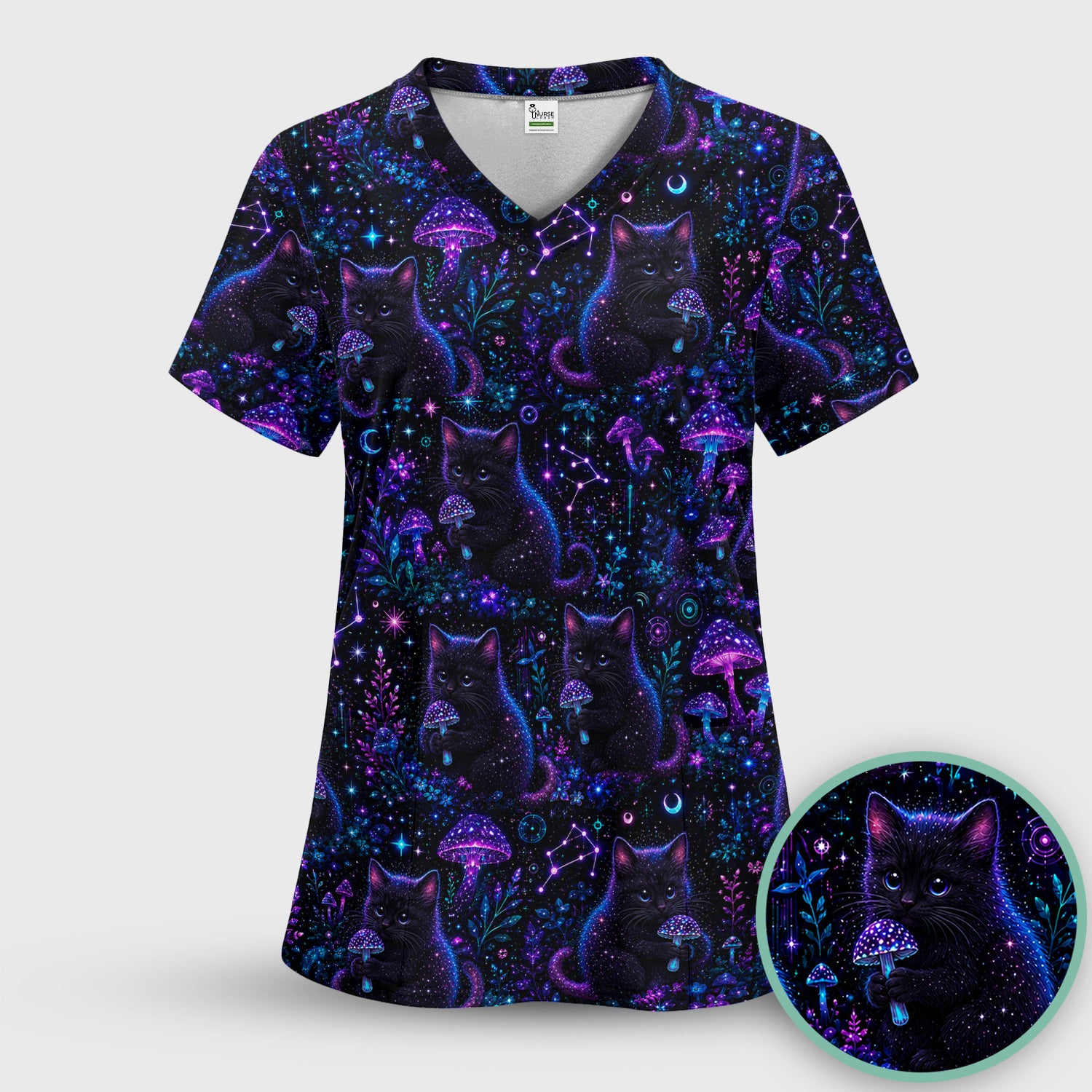Neon Black Cat Mushroom Galaxy Pattern Scrub Set, Scrub Pants and V Neck Top