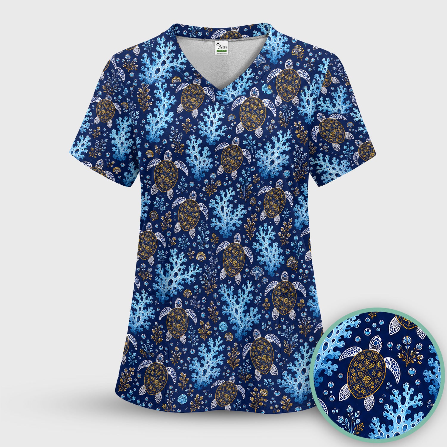 Ocean Turtle Coral Nurse Pattern Scrub Set, Scrub Pants and V Neck Top