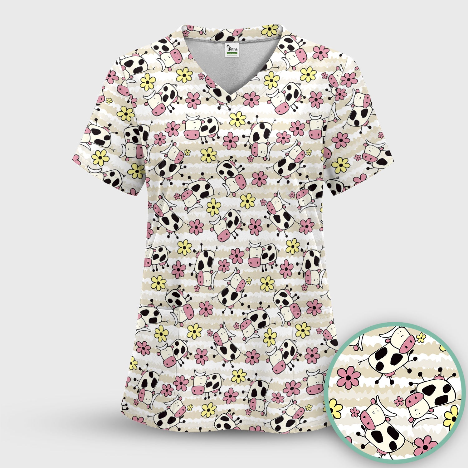Cute Cartoon Cow Flower Meadow Pattern Nurse Scrub Set, Scrub Pants and V Neck Top