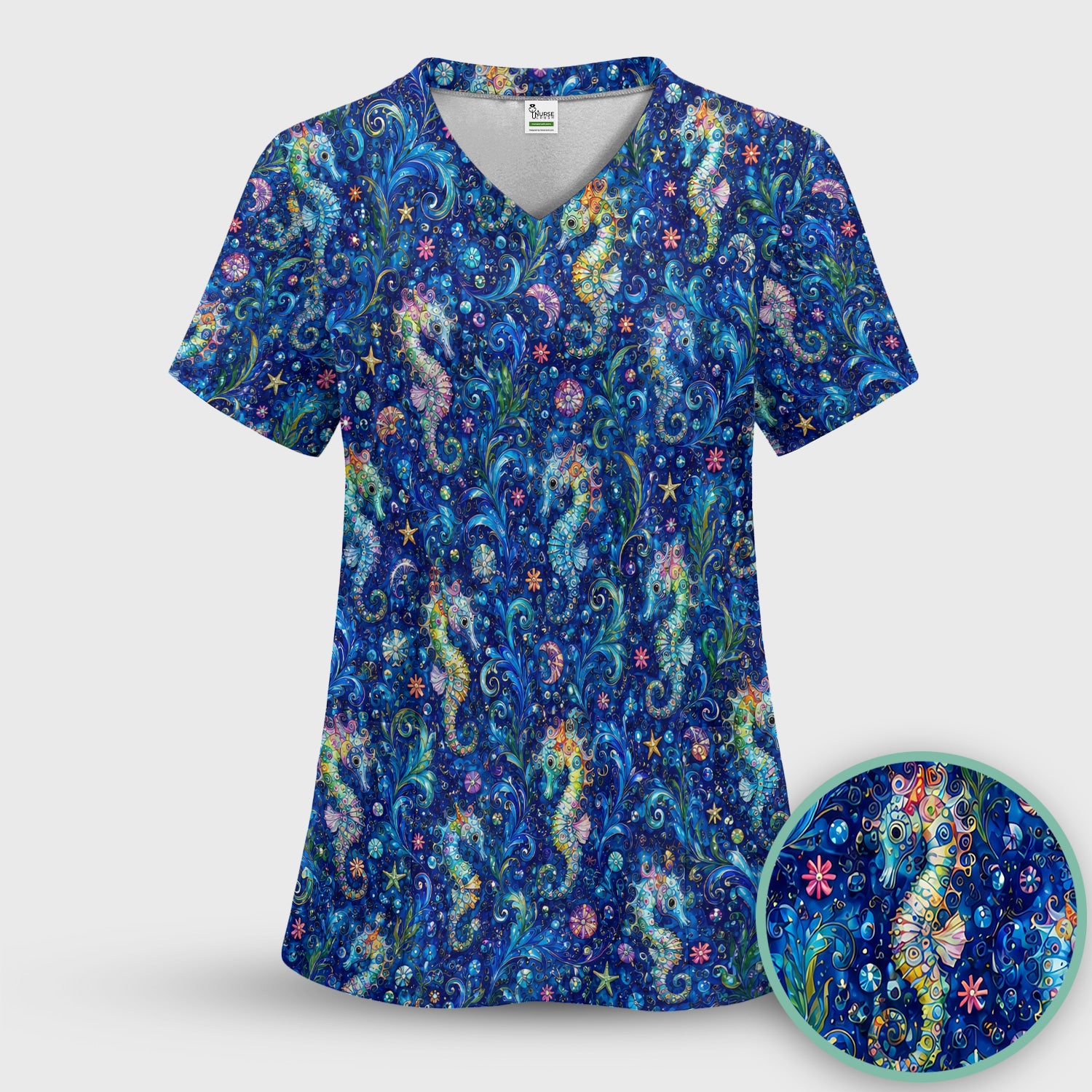 Vibrant Seahorse Ocean Swirl Pattern Scrub Top, Comfortable Scrubs for Nurses