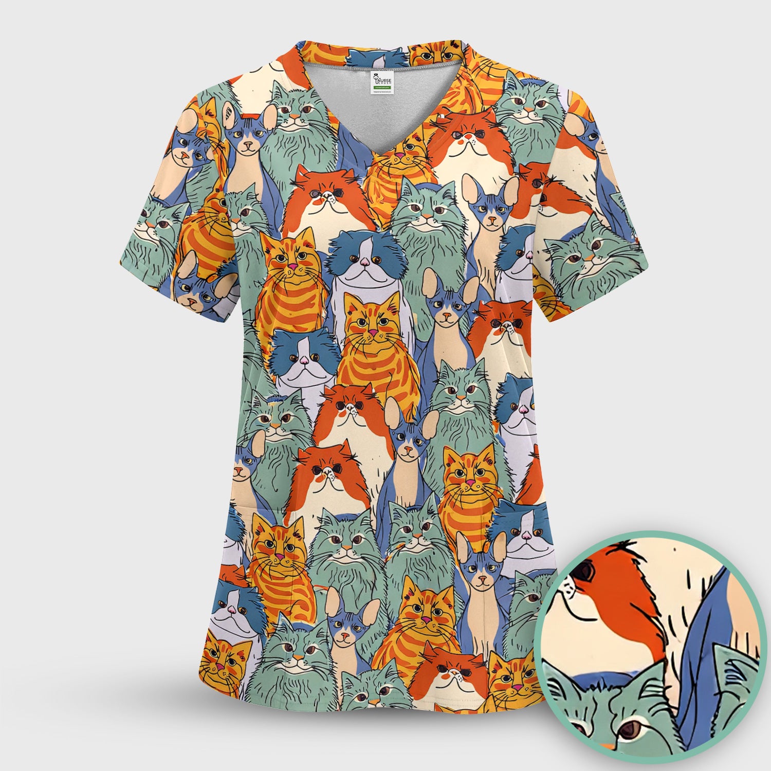 Cute Multicolor Cat Faces Illustration Pattern Scrub Top, Comfortable Scrubs for Nurses