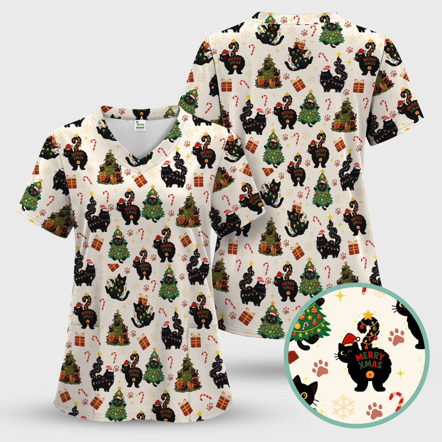 Christmas Cat Scrub Set for Women - Black Cat and Tree Pattern Holiday Nurse Scrubs - Cute Gift for RN LPN CNA