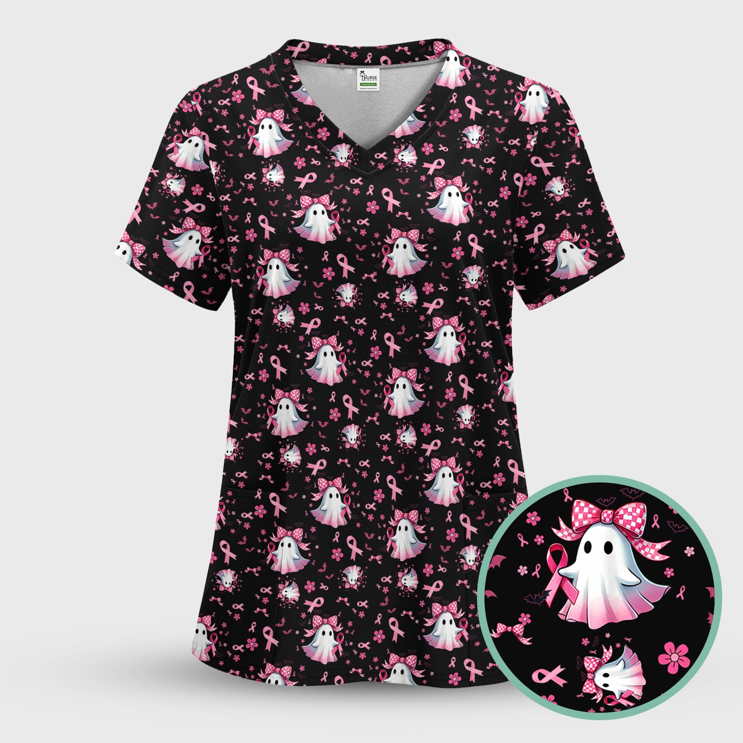 Halloween Ghost Scrub Top for Women - Breast Cancer Awareness Pink Ribbon Nurse Shirt - Cute Spooky Medical Uniform RN LPN CNA