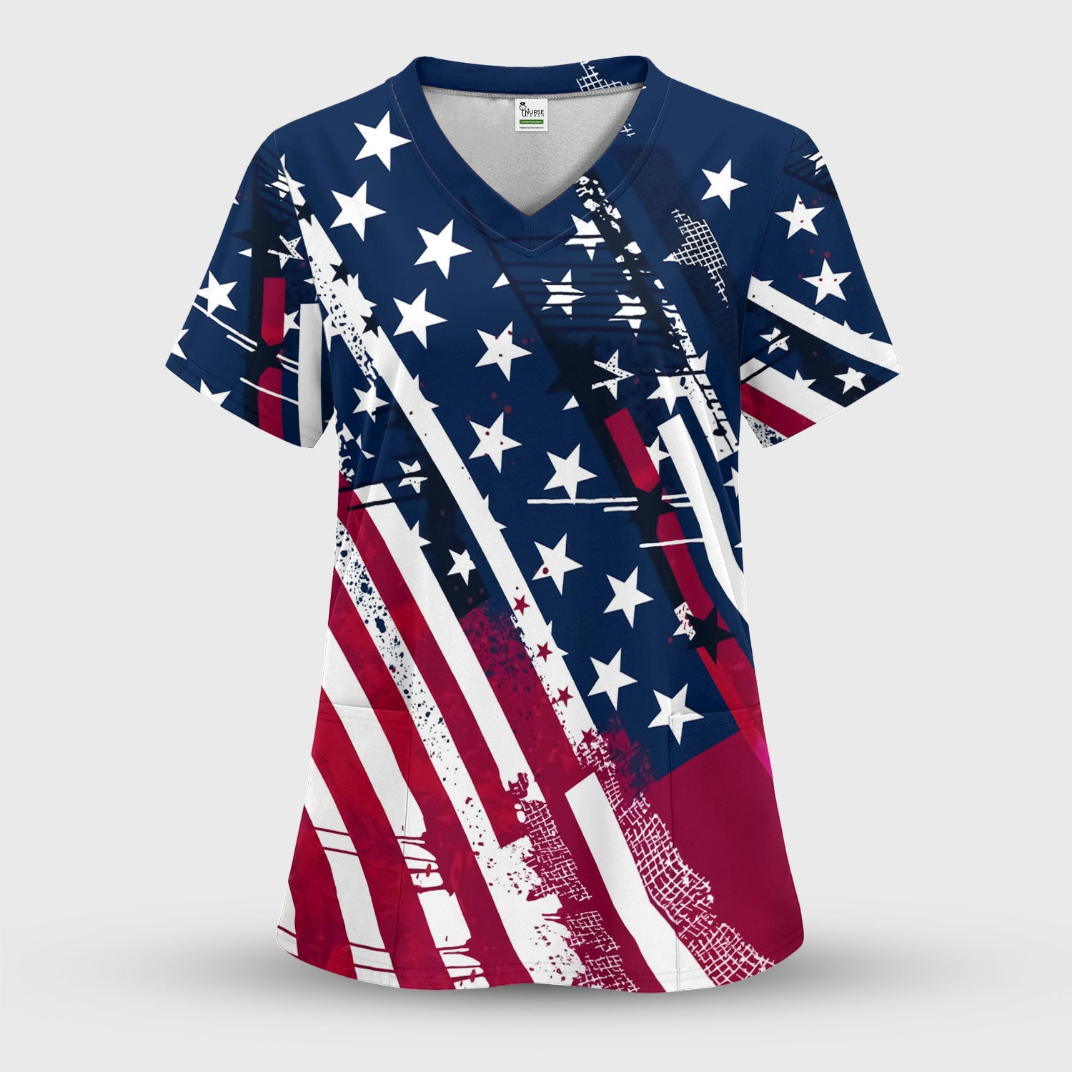 Patriotic USA Flag Stars And Stripes Grunge Pattern Scrub Set, Scrub Pants and V Neck Top