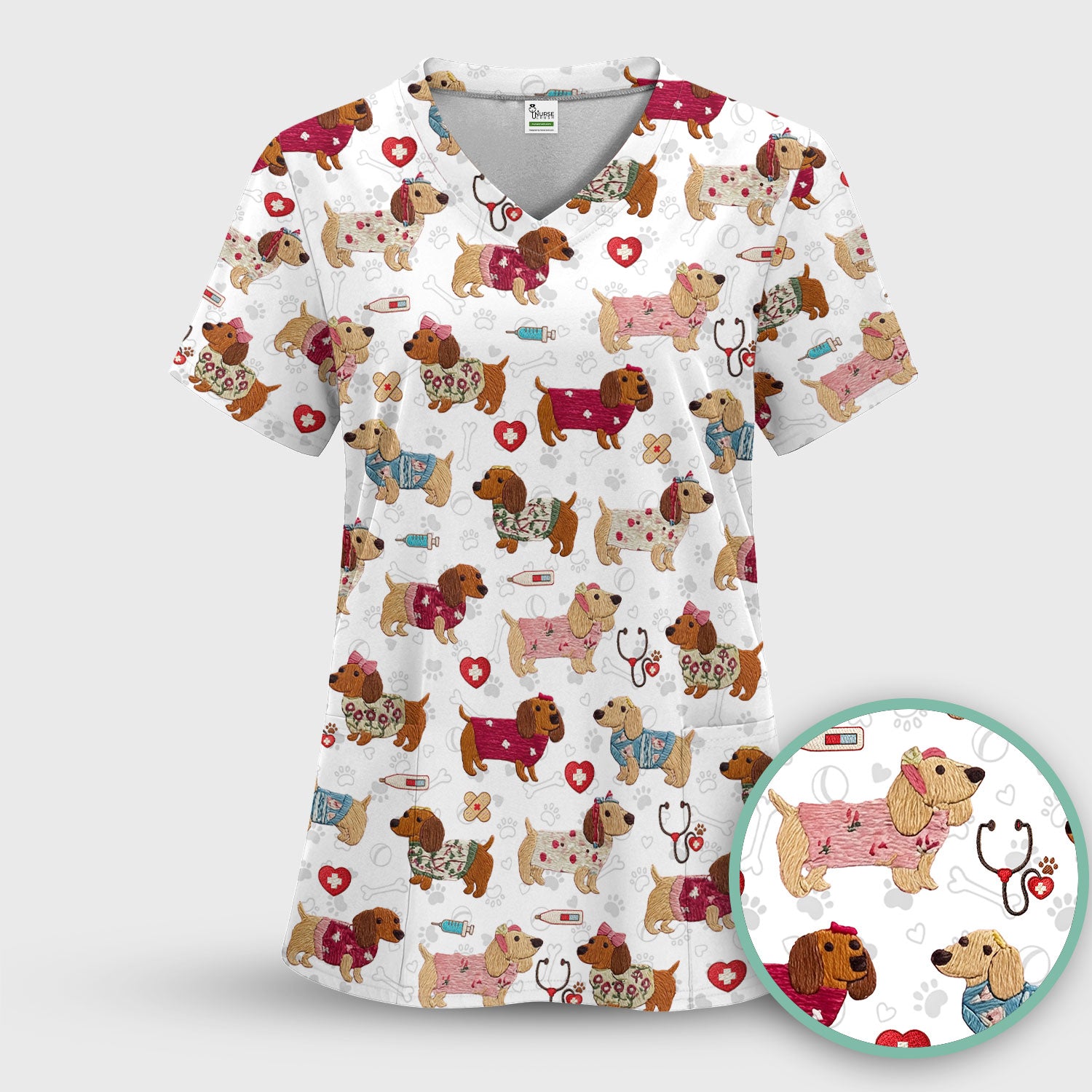 Cute Medical Wiener Dog Pattern Nurse Shirt, Dachshund Nursing Scrub Set, Breathable Fabrics Nursing Uniform