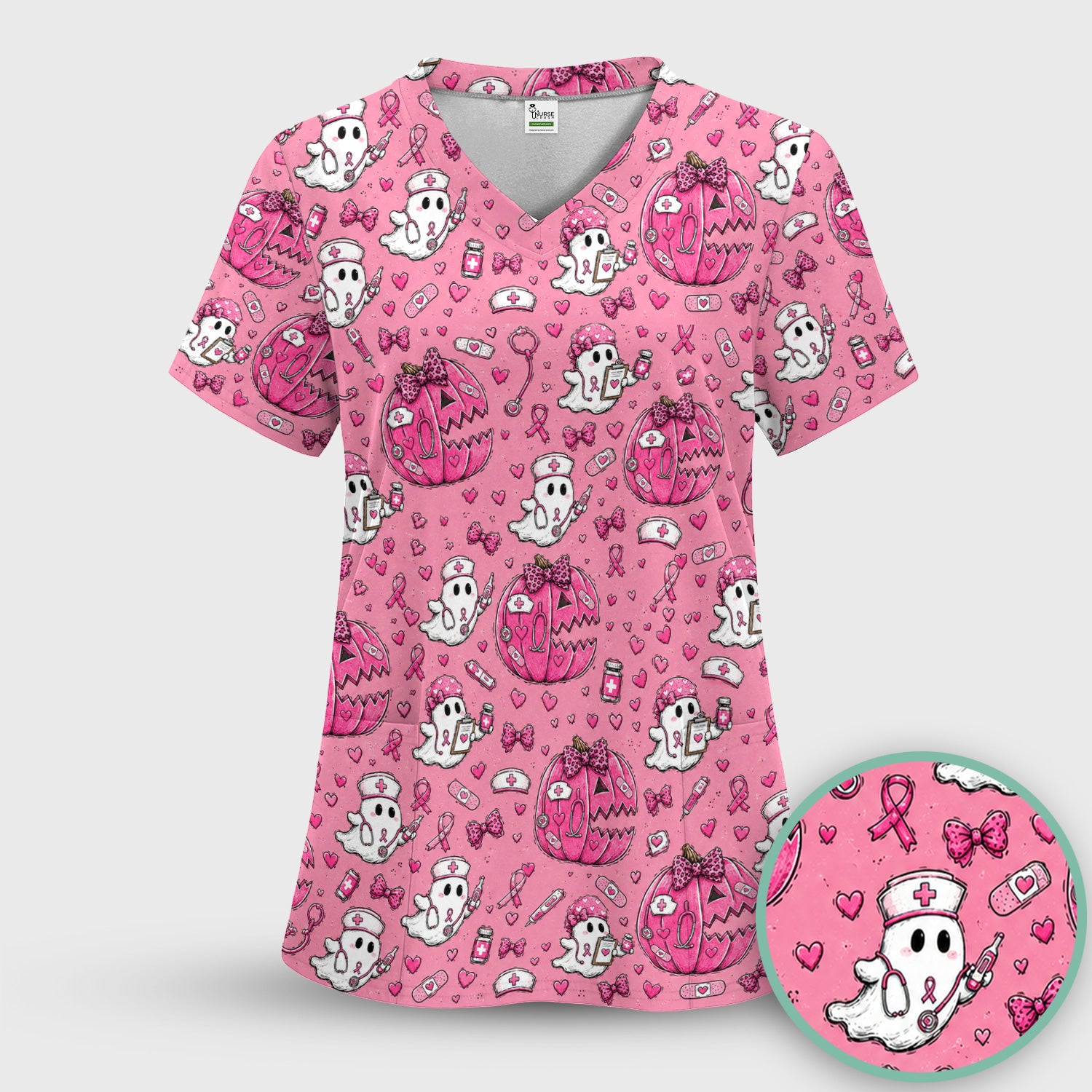 Pink Ribbon Ghost Pattern Scrub Set, Scrub Pants and V Neck Top