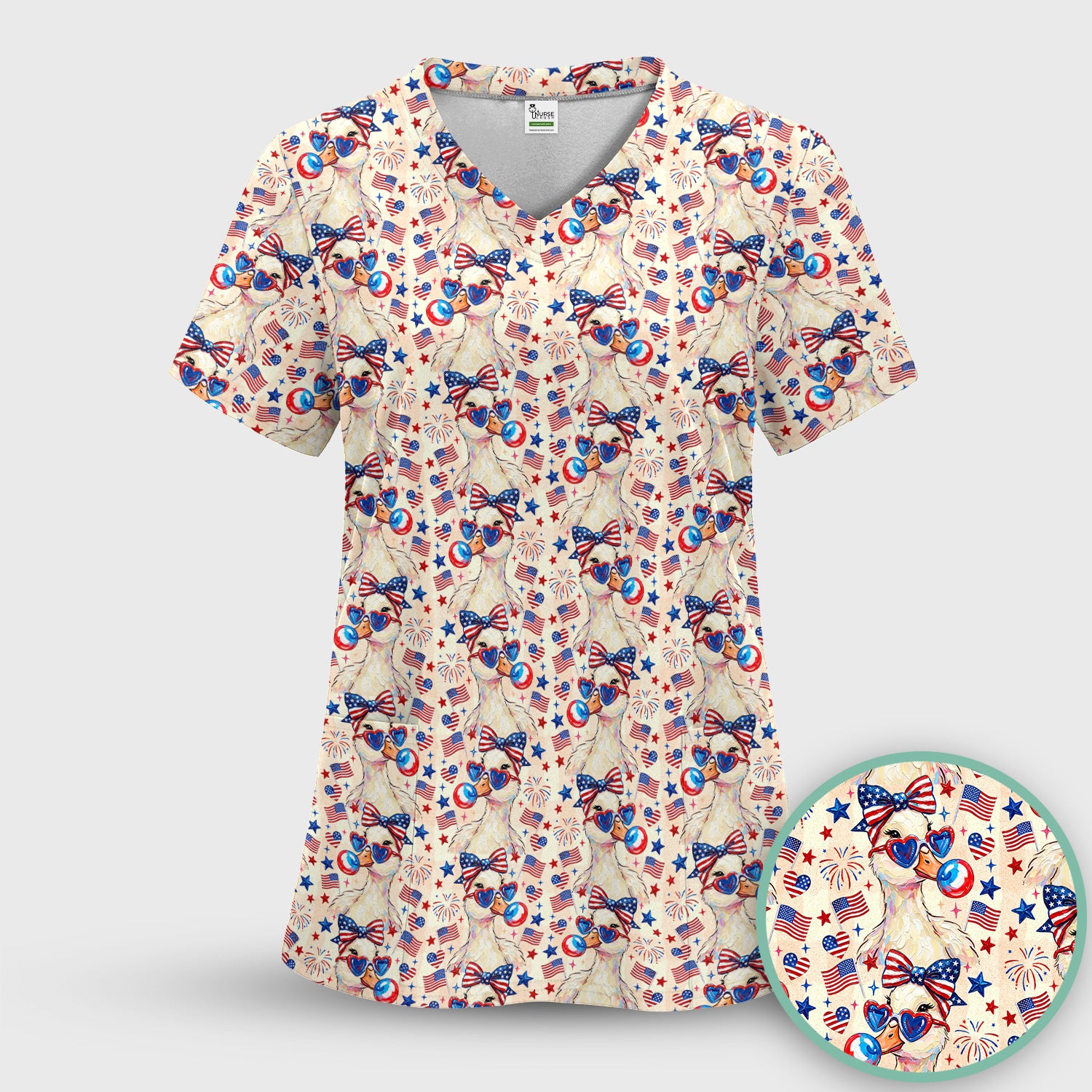 USA Flag 250th Patriotic Duck Sunglasses Pattern Scrub Set, Scrub Pants and V Neck Top