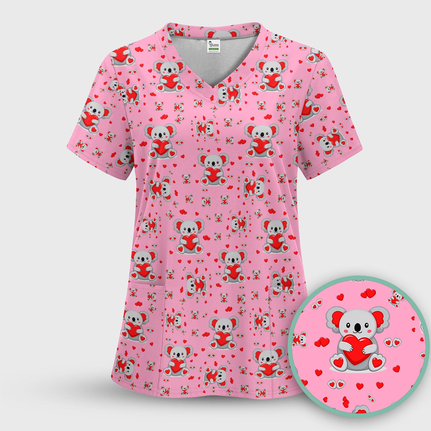 Valentine Cute Koala Heart Pattern Nurse Shirt, Comfortable Scrubs for Nurses