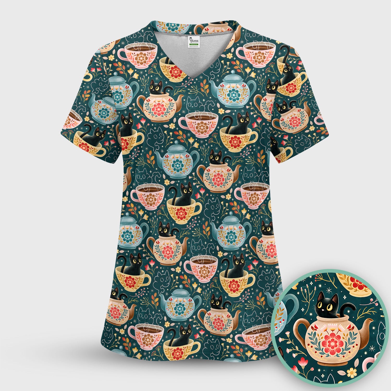 Black Cat Tea Party Veterinary Pattern Scrub Set, Scrub Pants and V Neck Top