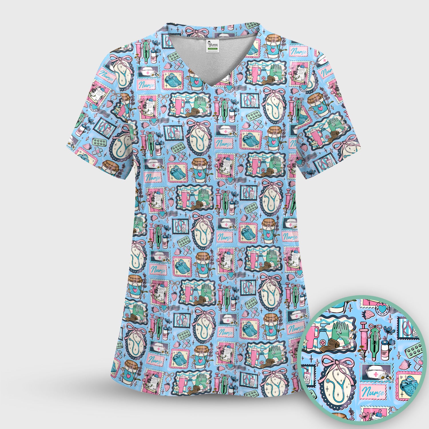 Medical Tools Stethoscope Syringe Frame Scrub Top, Breathable Fabrics Nursing Uniform