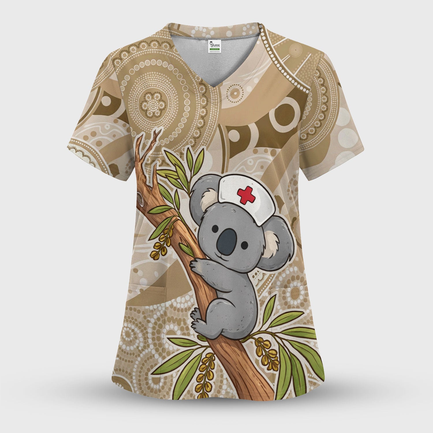 Australian Indigenous Inspired Dot Art Scrub Set, Cute Koala Pattern Nurse Shirt, Comfortable Scrubs For Nursing