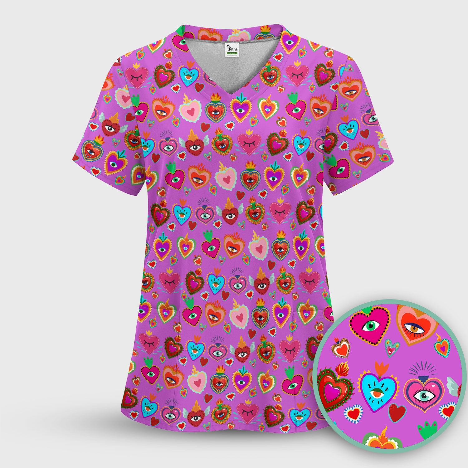 Valentine Colorful Sacred Heart Print Medical Scrub Top, Comfortable Scrubs for Nurses