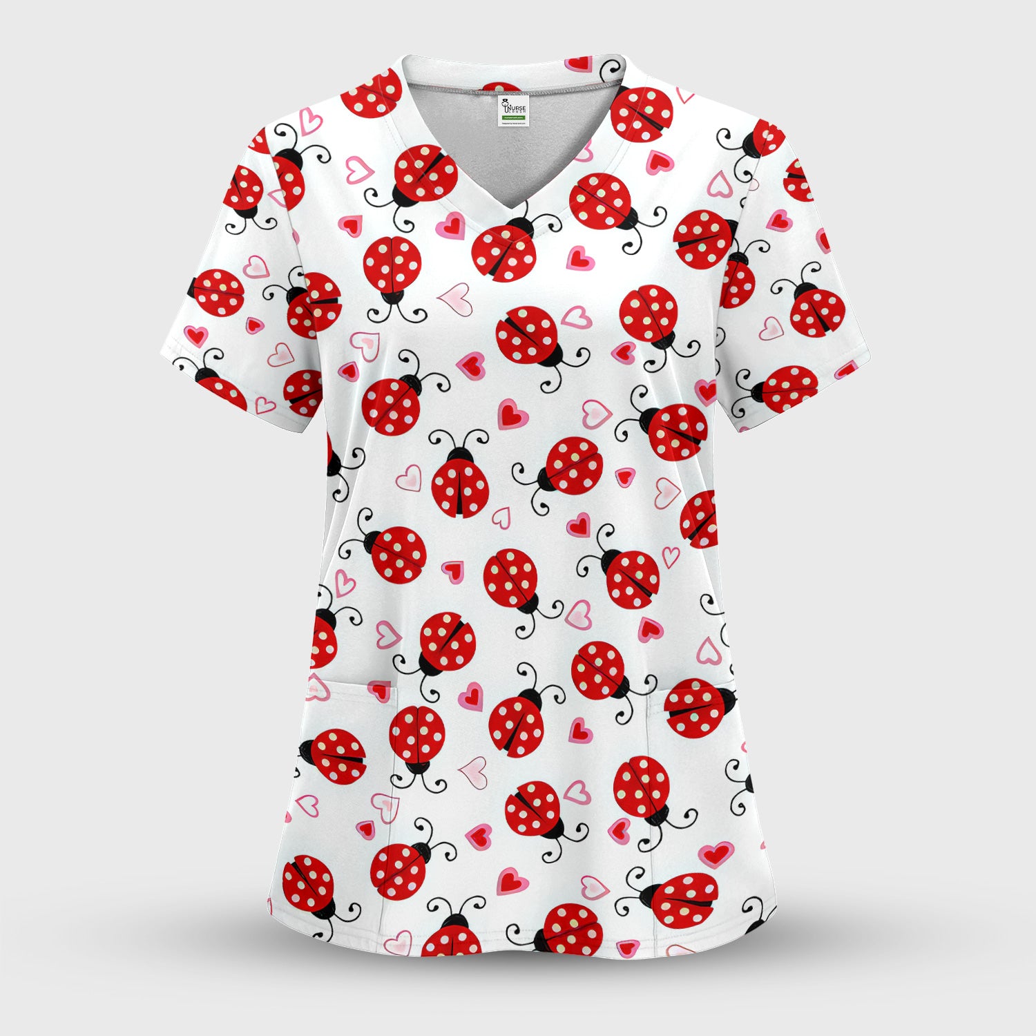 Cute Ladybug Heart Love Pattern Scrub Top, Breathable Fabrics Nursing Uniform