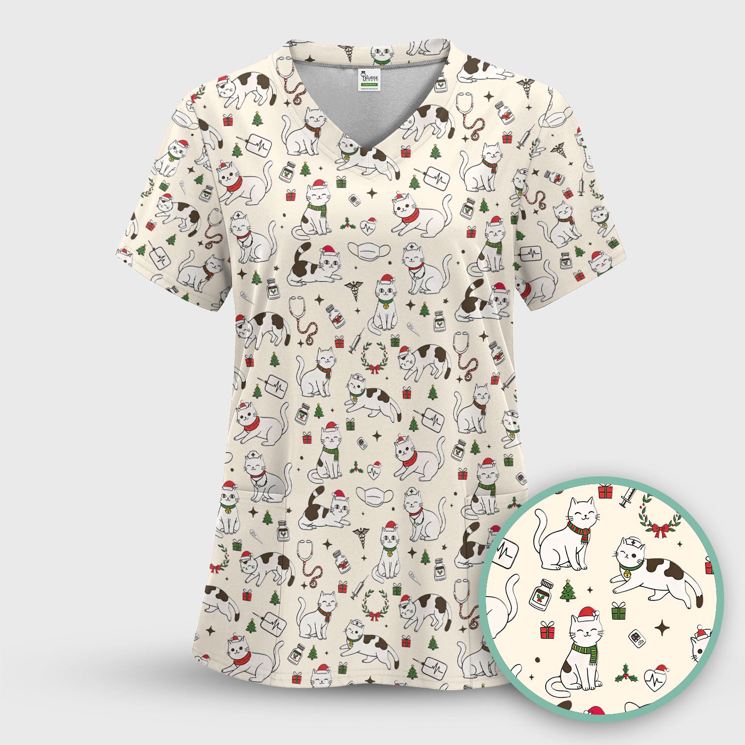 Christmas Cat Scrub Top – Festive Nurse & Holiday Kitty Pattern – Cute Medical Uniform for Nurses, Vets and Healthcare Workers
