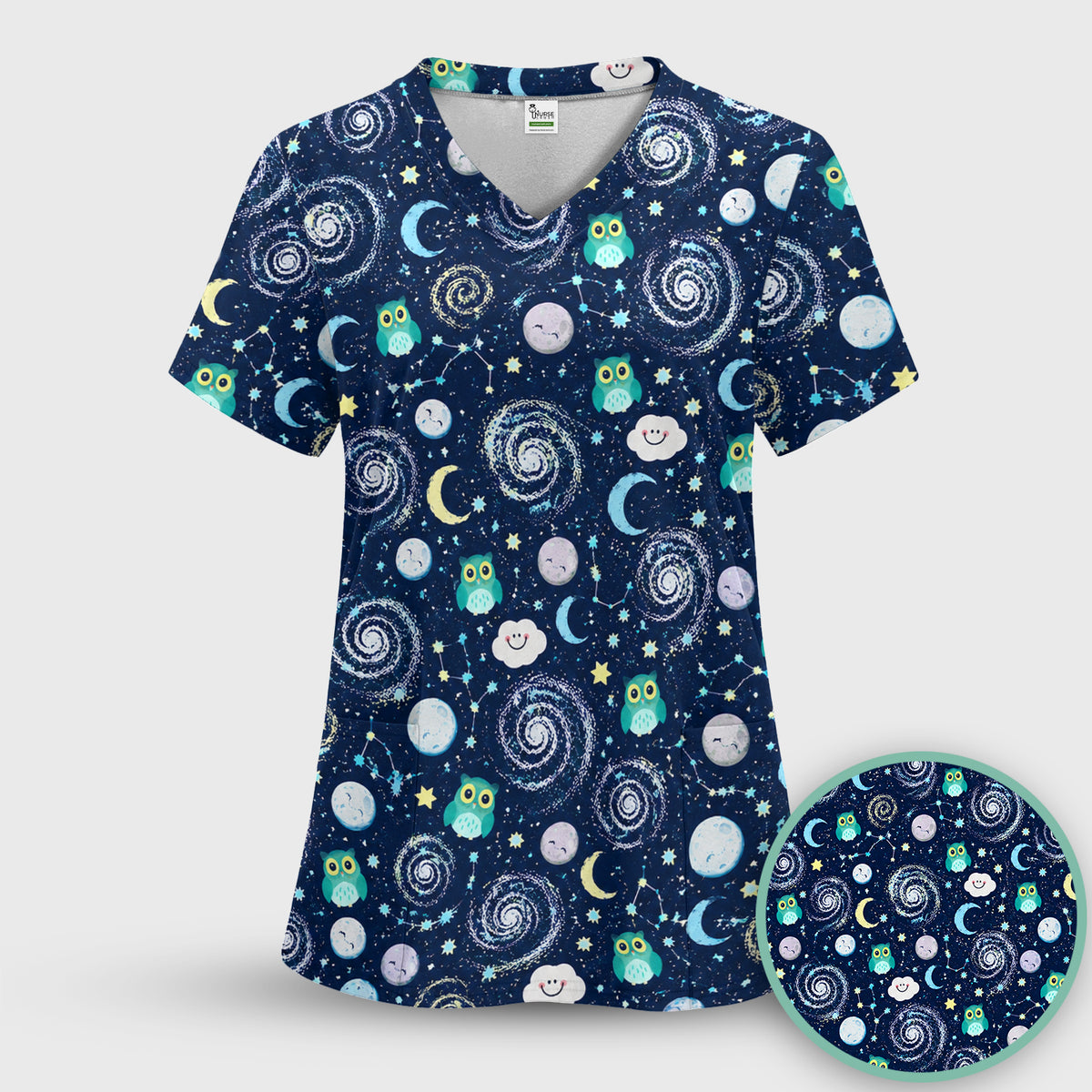 Cute Night Owl Galaxy Pattern Scrub Top, Comfortable Scrubs for Nurses