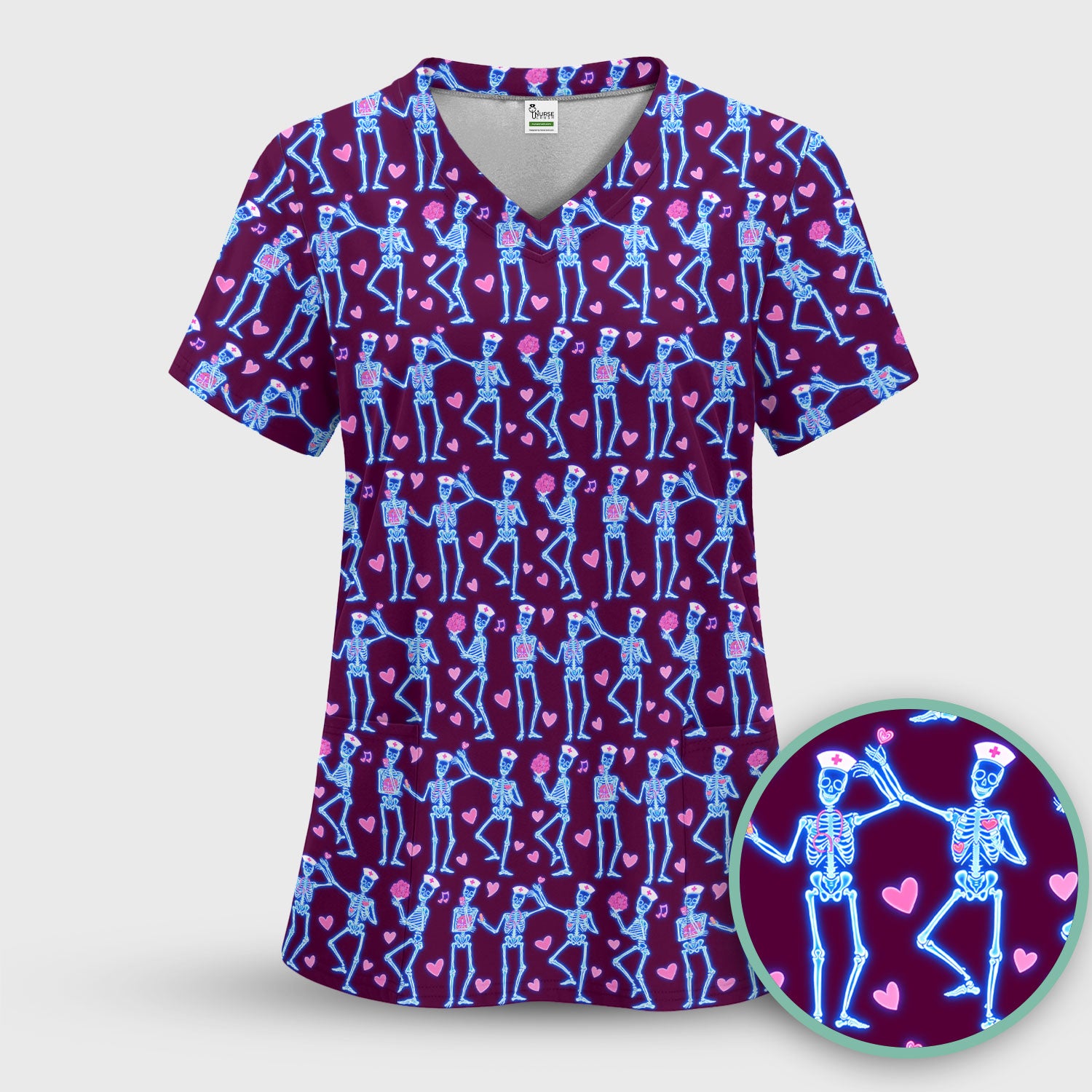 Skeleton Nurse Heart Pattern Scrub Sets, Playful Nurse Style, Scrub Pants and V Neck Top