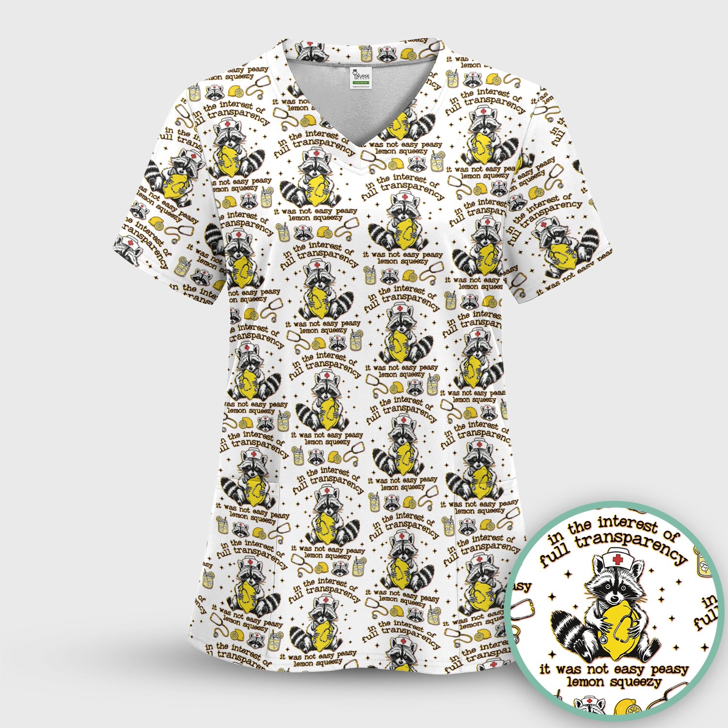 Raccoon Lemon Quote Medical Humor Pattern Scrub Top, Breathable Fabrics Nursing Uniform