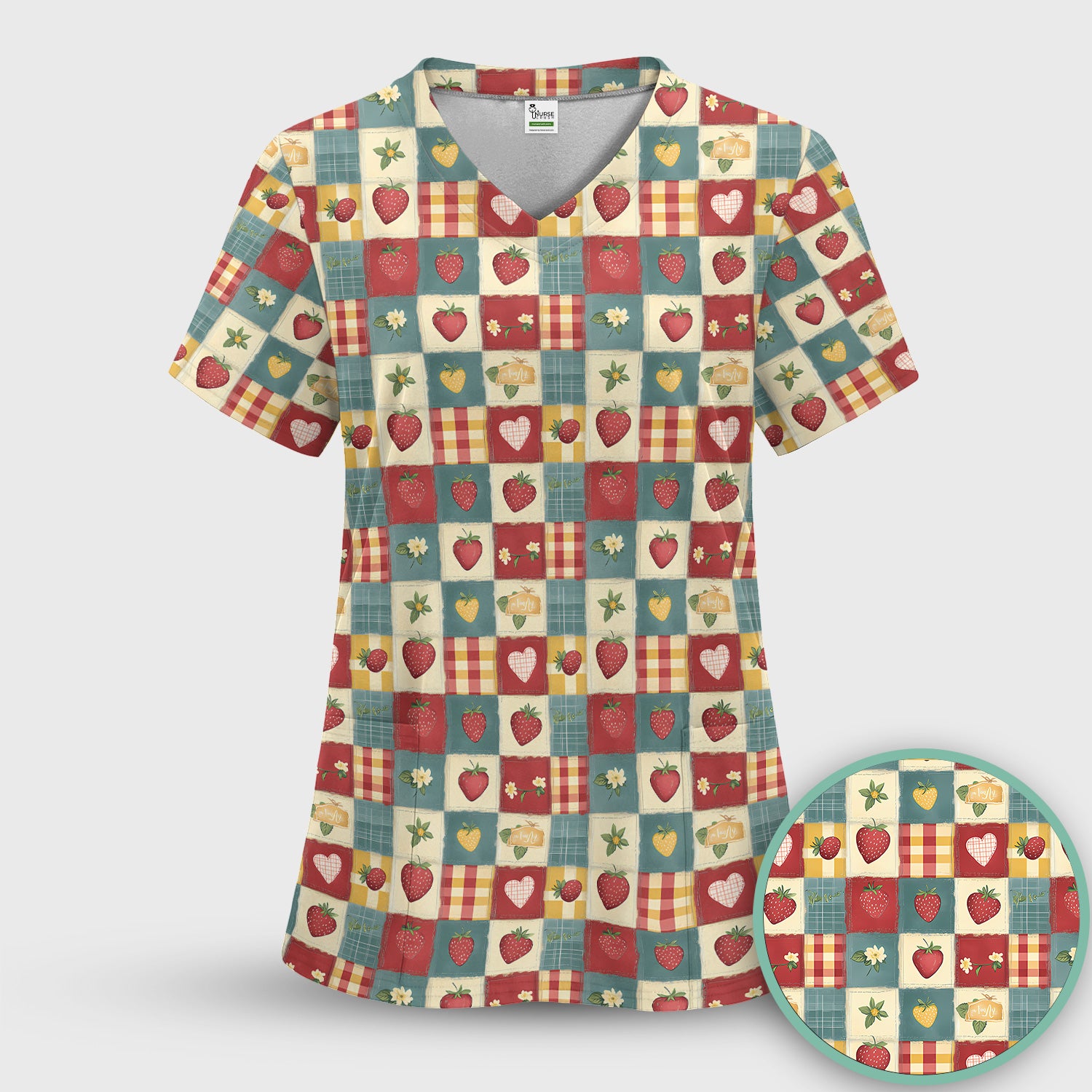 Cute Strawberry Floral Patchwork Pattern Scrubs Sets, Scrub Pants and V Neck Top
