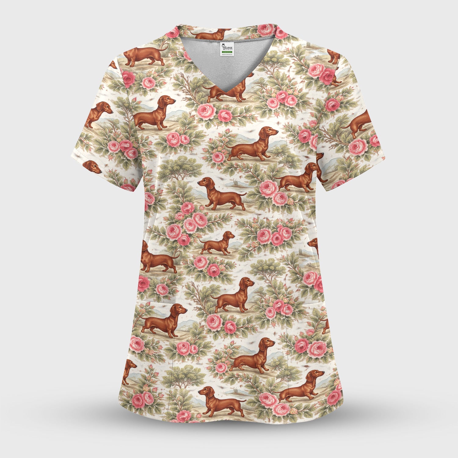 Vintage Dachshund Rose Floral Pattern Scrub Set, Scrub Pants and V Neck Top