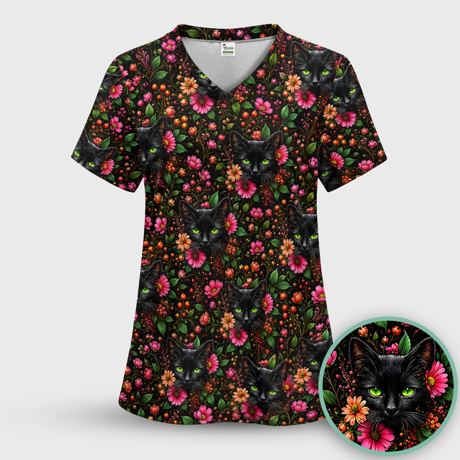 Adorable Black Cat Blossom Pattern Scrub Set, Scrub Pants and V Neck Top