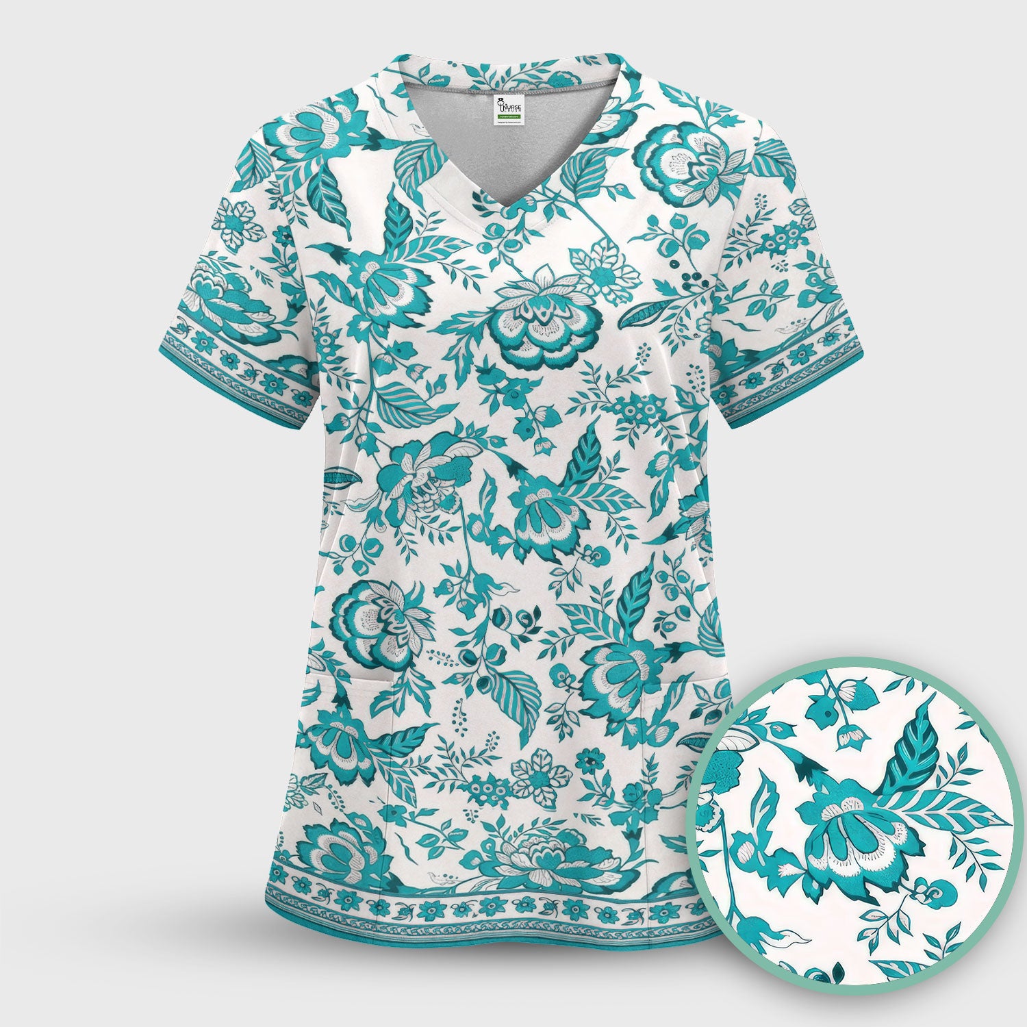 Toile De Jouy Scrub Top For Women, Floral Pattern Nurse Shirt, Comfortable Scrubs For Nursing