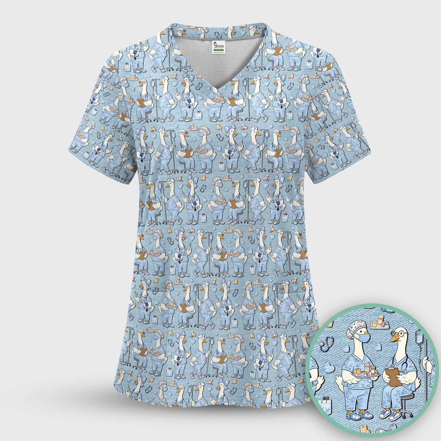 Cute Nurse Goose Working Pattern Scrub Top, Comfortable Scrubs for Nurses