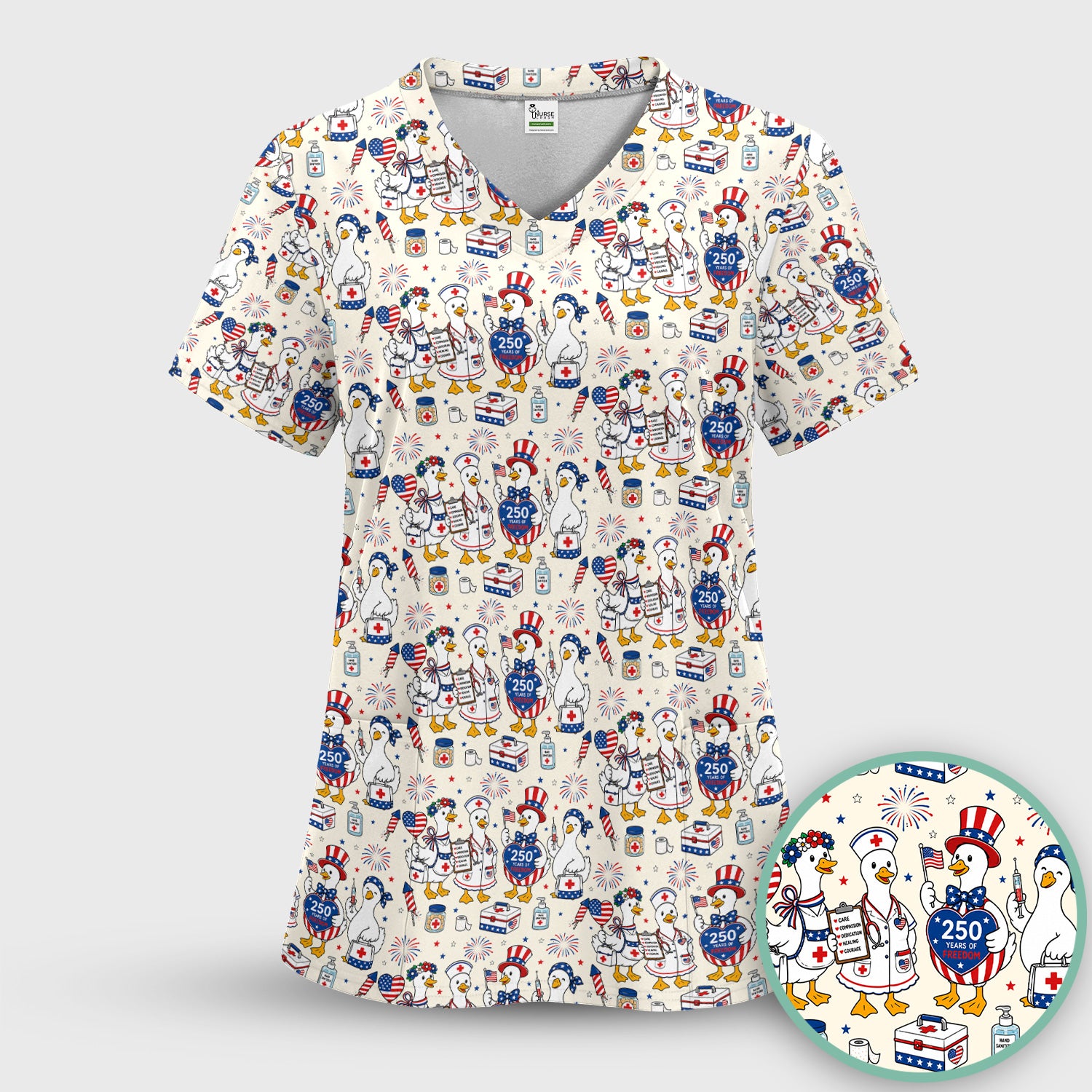 Funny Patriotic Goose Nurse for RN, CNA, Healthcare Workers Scrub Set, Scrub Pants and V Neck Top