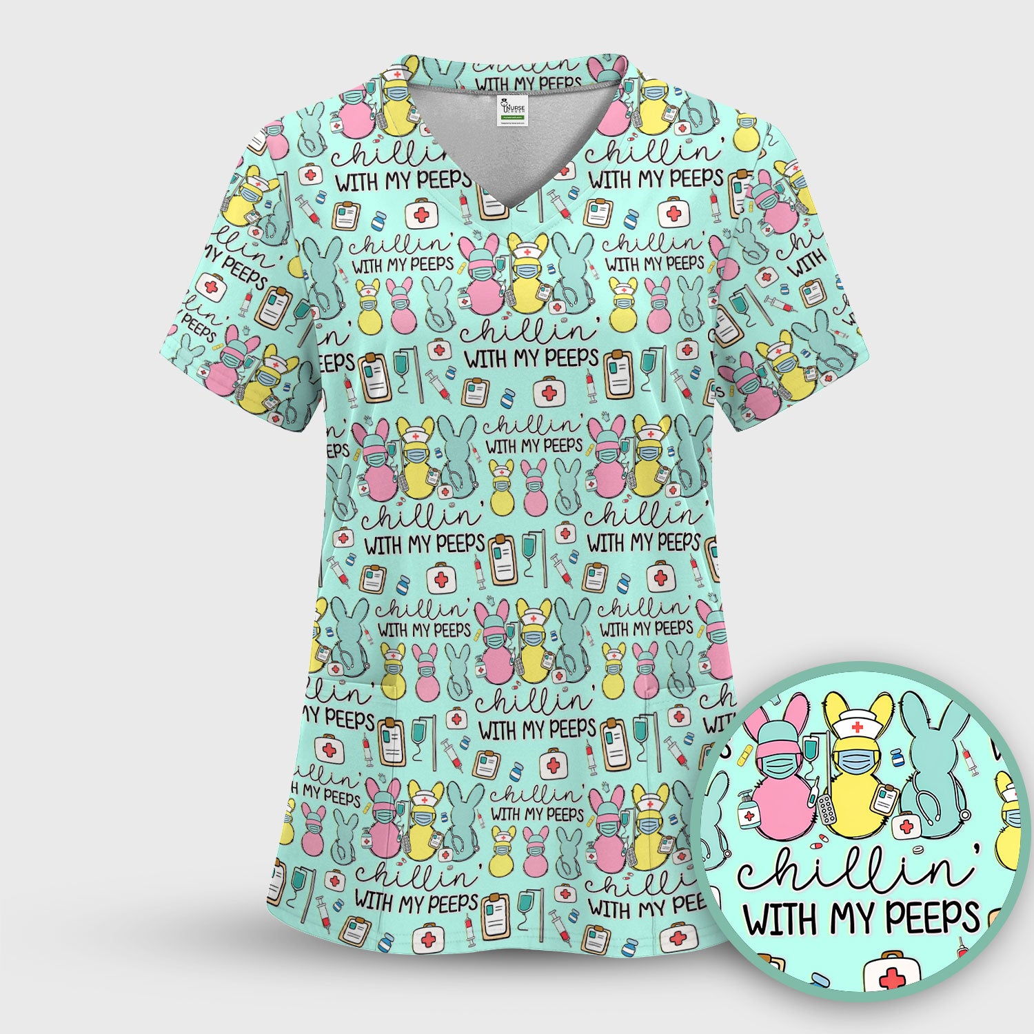 Cute Bunny Nurse Chillin With My Peeps Scrub Top, Comfortable Scrubs for Nurses, Easter