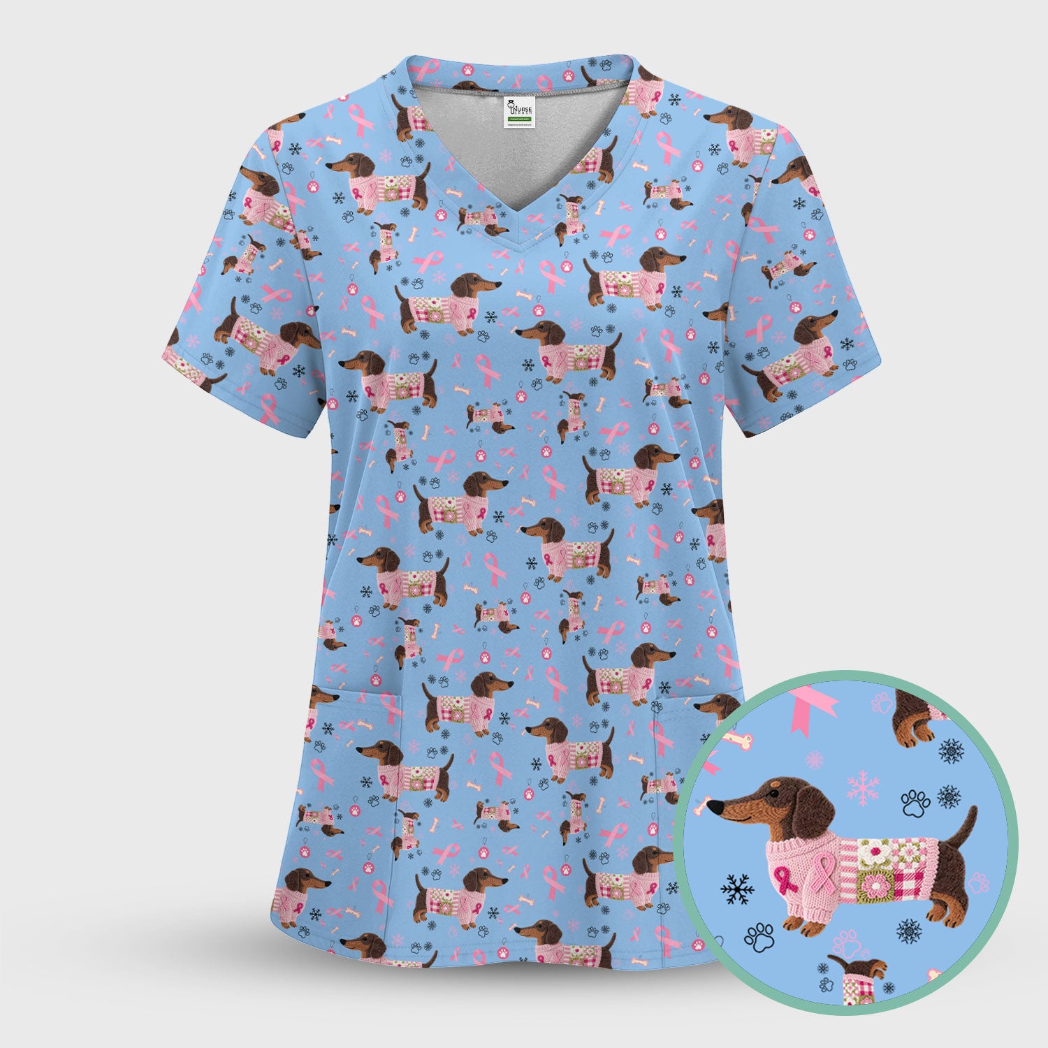 Pink Dachshund Breast Cancer Awareness Scrub Top - Puppy Dog Ribbon Nurse Shirt - Wiener Support Fight Cancer Medical Uniform Gift