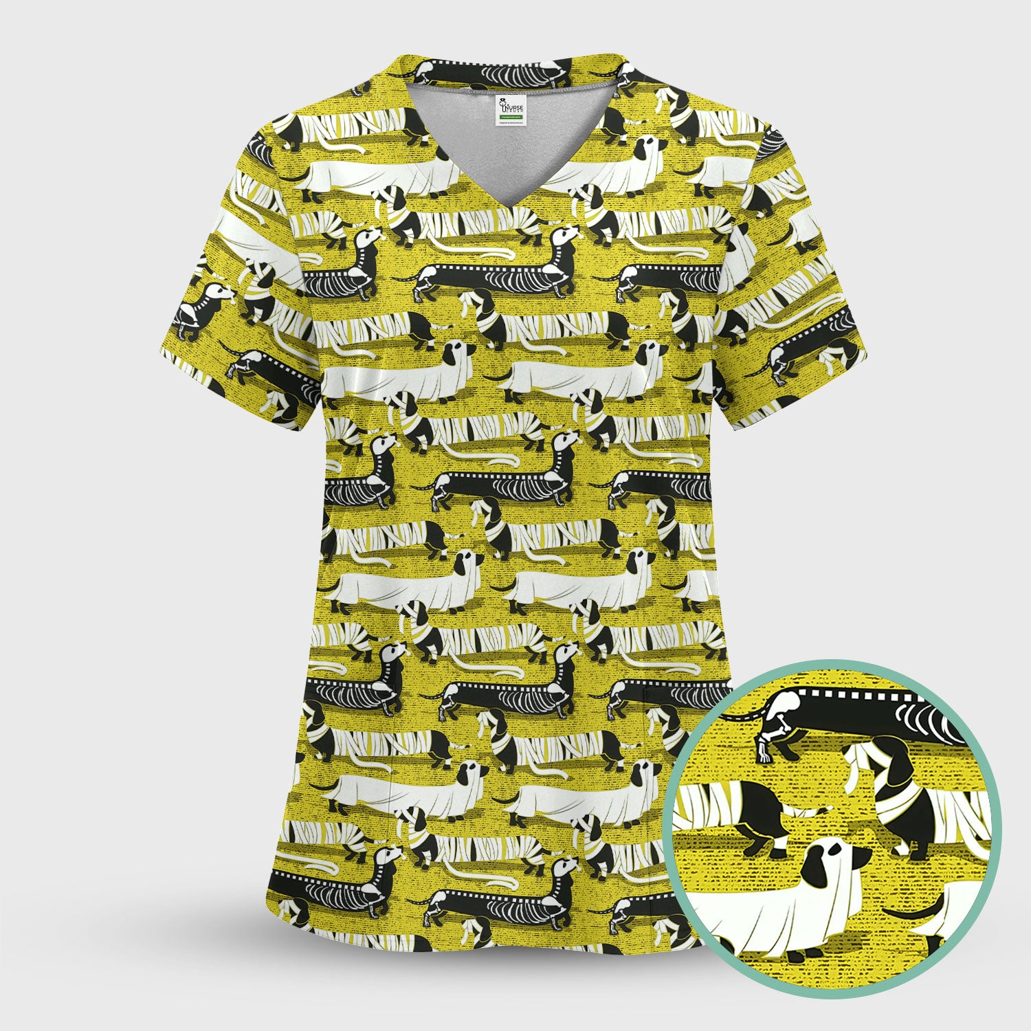 Halloween Scrub Set for Women - Spooky Dachshund Skeleton Med Uniform - Comfortable Nursing Pants - Ugly Sweater for Pet Lover