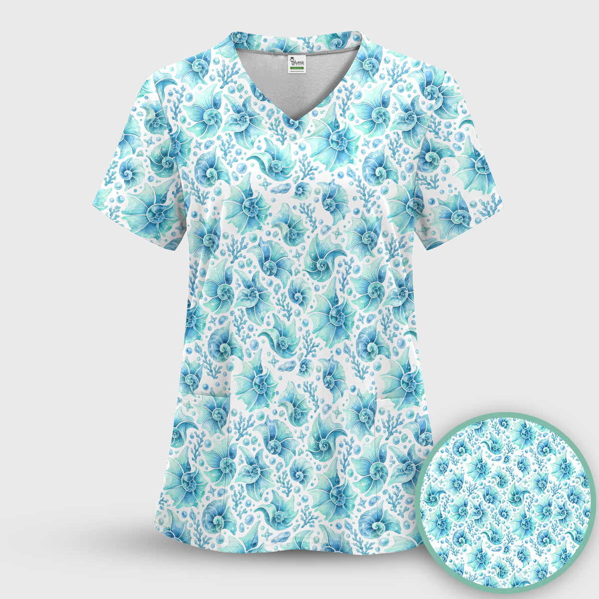 Blue Watercolor Seashell Pattern Scrub Top, Comfortable Scrubs for Nurses
