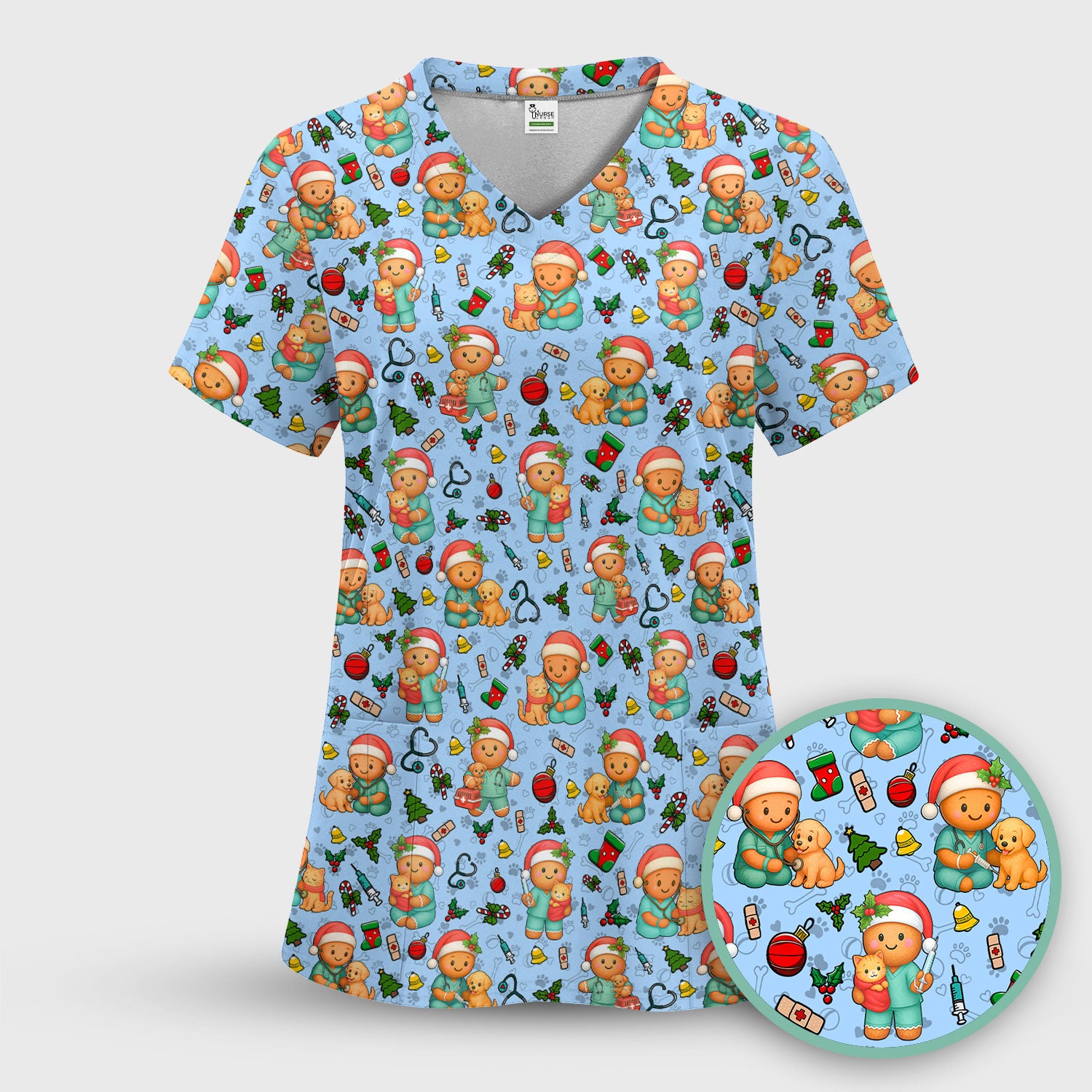 Cute Pharmacy Christmas Scrub Top – Funny Gingerbread Nurse Print Shirt – Festive Holiday Medical Uniform for Pharmacy Tech and Doctor