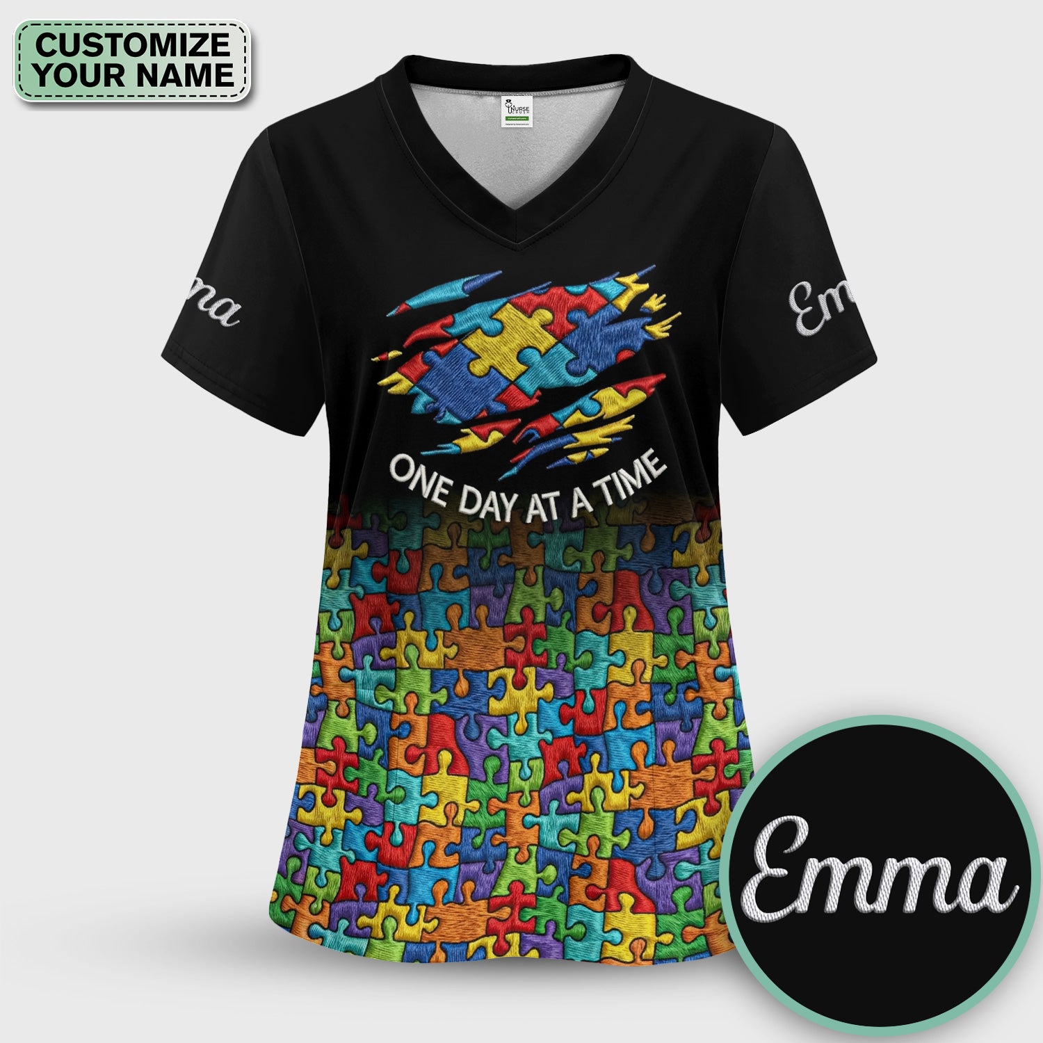 Personalized Autism Puzzle One Day At A Time Scrub Set, Scrub Pants and V Neck Top