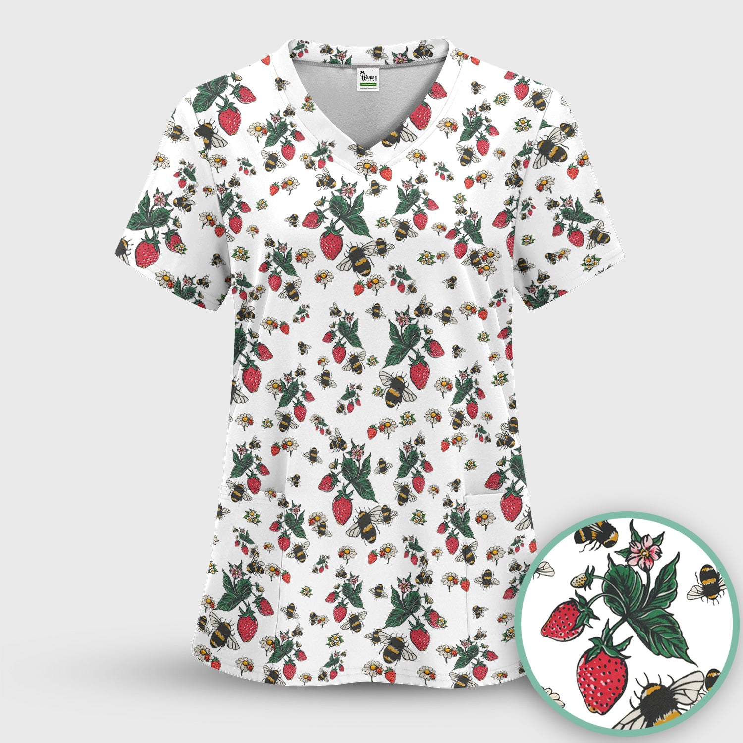 Cute Strawberry Bee Daisy Floral Pattern Scrub Set, Scrub Pants and V Neck Top