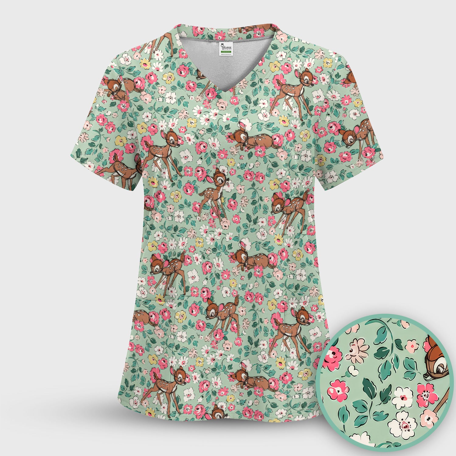 Cute Baby Deer Floral Pattern Scrub Set, Scrub Pants and V Neck Top