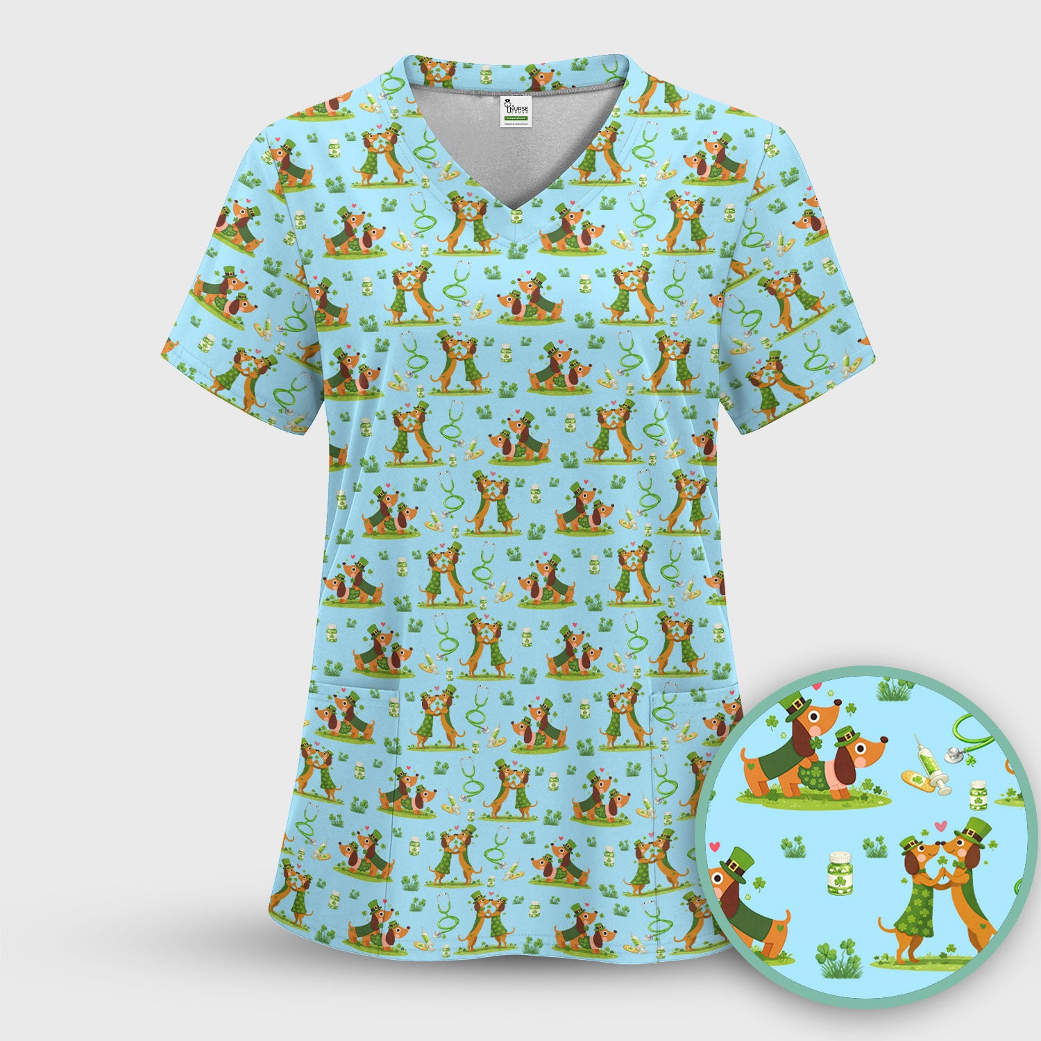 Valentine Cute Dachshund Nurse Shirt, Dog Heart Pattern, Comfortable Scrubs for Nurses