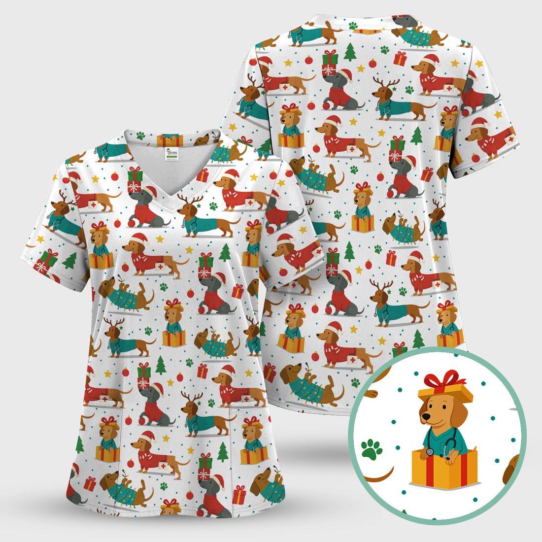 Dachshund Scrub Top Christmas - Cute Dog Nurse Shirt - Holiday Medical Scrubs Gift for Women CNA RN Doctor