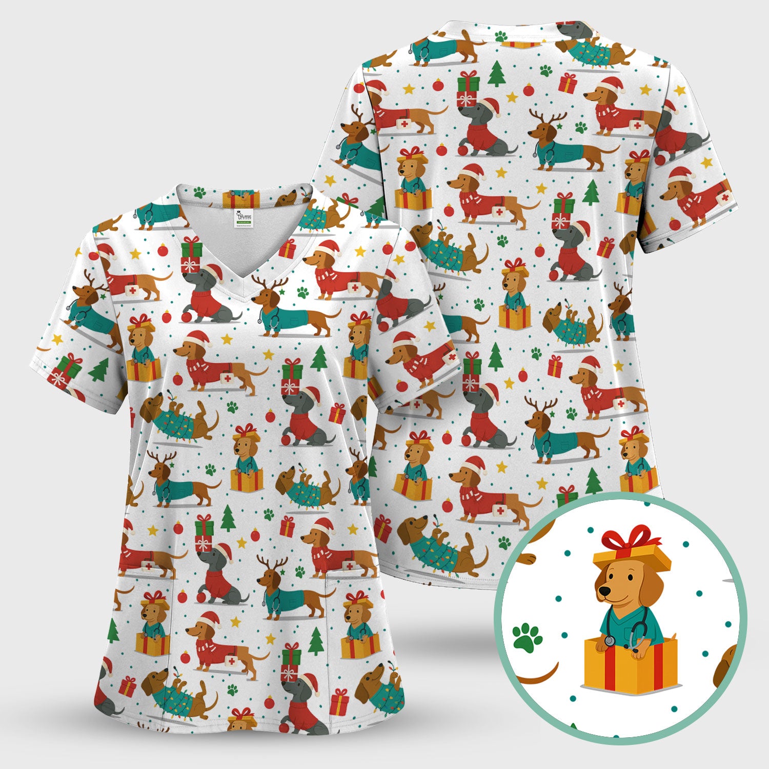 Dachshund Scrub Top Christmas - Cute Dog Nurse Shirt - Holiday Medical Scrubs Gift for Women CNA RN Doctor