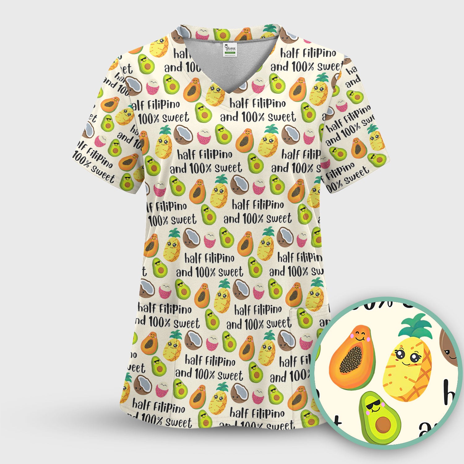 Playful Avocado Fruit Print Filipino Quote Scrub Set, Breathable Med Uniform