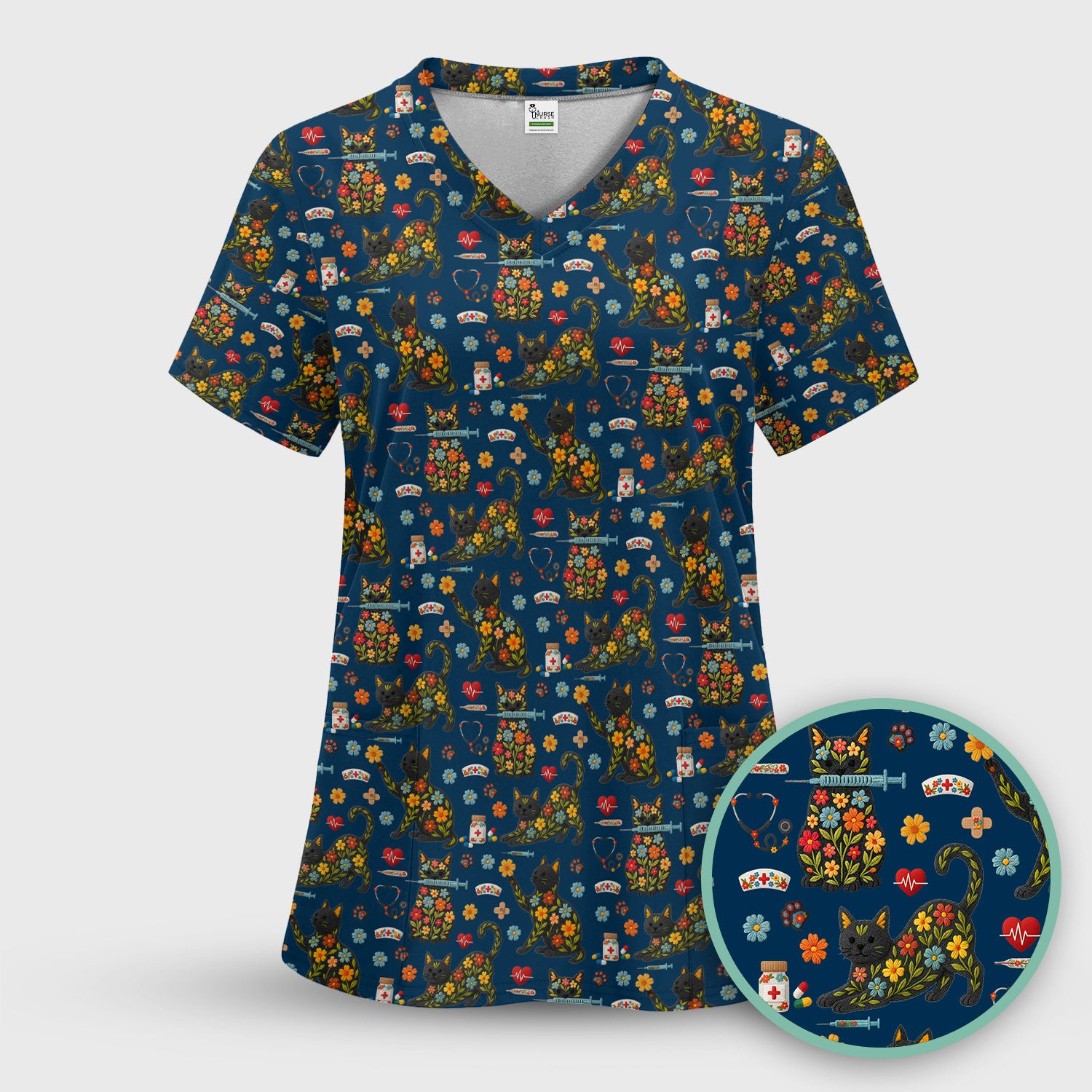 Floral Black Cat Pattern Scrub Top, Cute Cat Nurse Scrub Shirt, Medical Nursing Uniform
