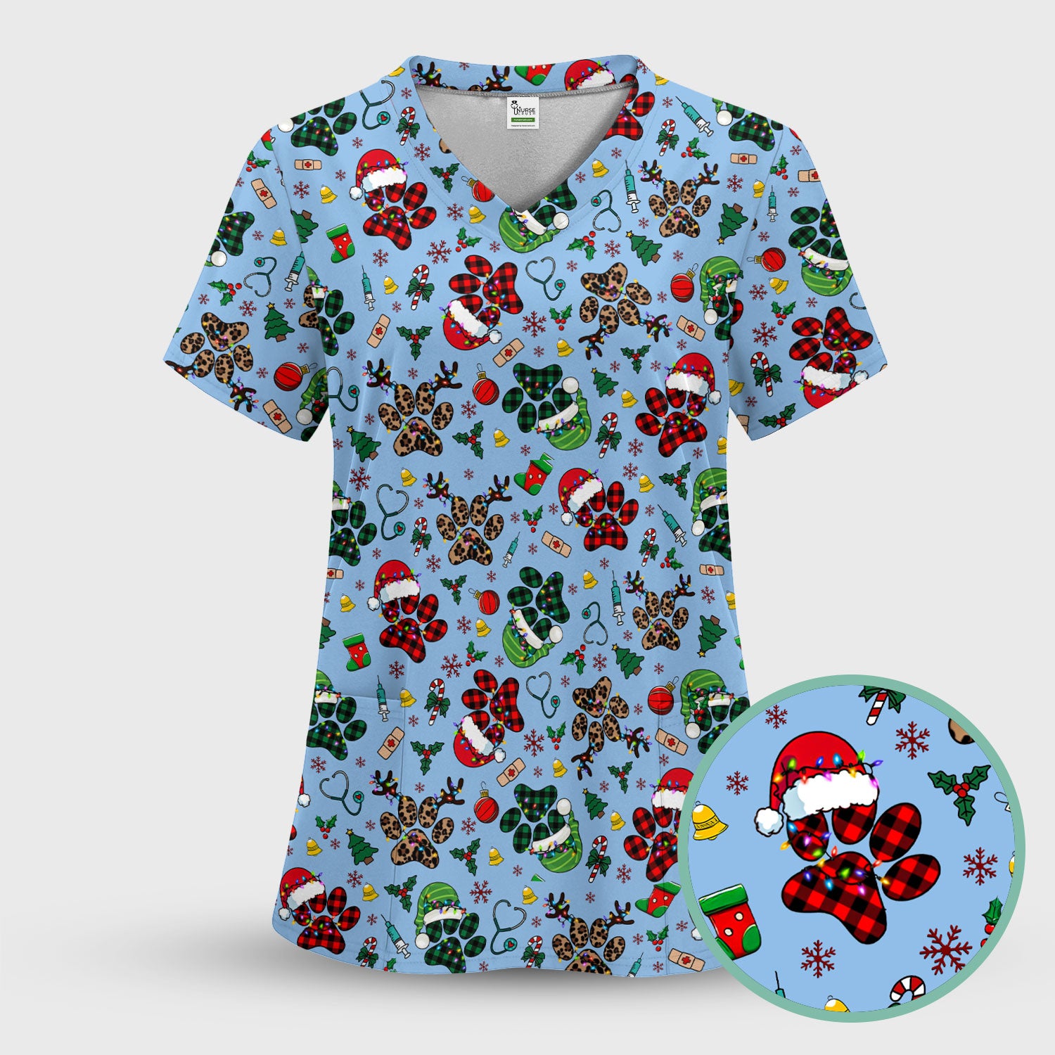 Christmas Paw Print Scrub Top for Nurses - Cute Leopard Holiday Pattern - Funny Festive Medical Uniform Gift
