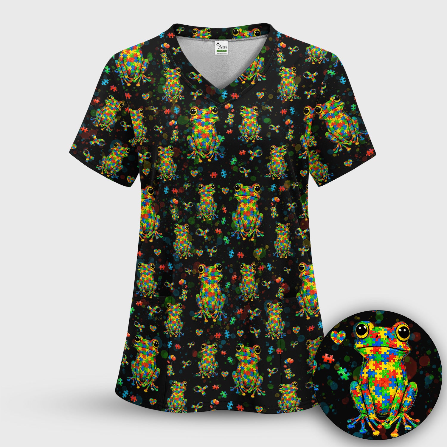 Colorful Autism Puzzle Frog Pattern Scrubs Top, Comfortable Scrubs for Nurses