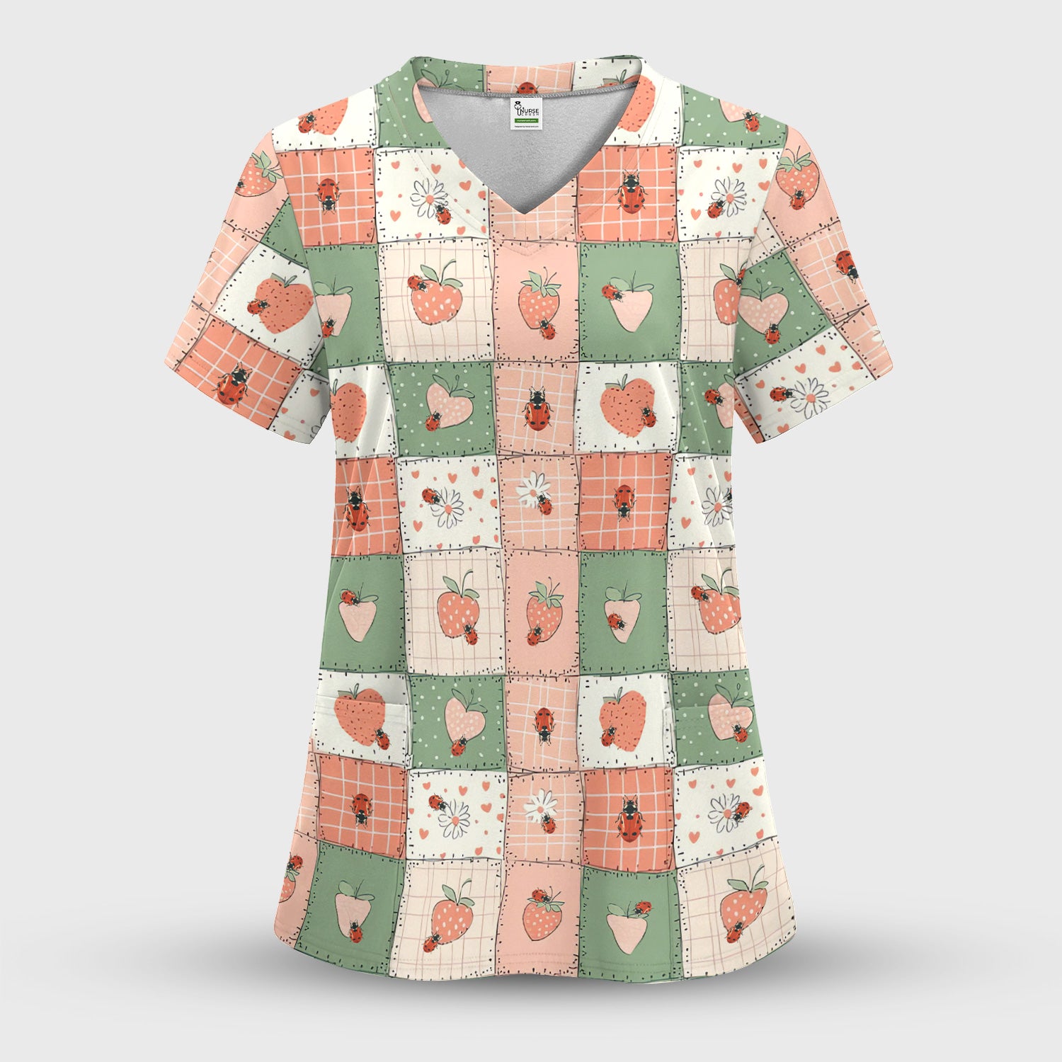 Strawberry Ladybug Patchwork Pattern Scrub Top, Comfortable Scrubs For Nurses