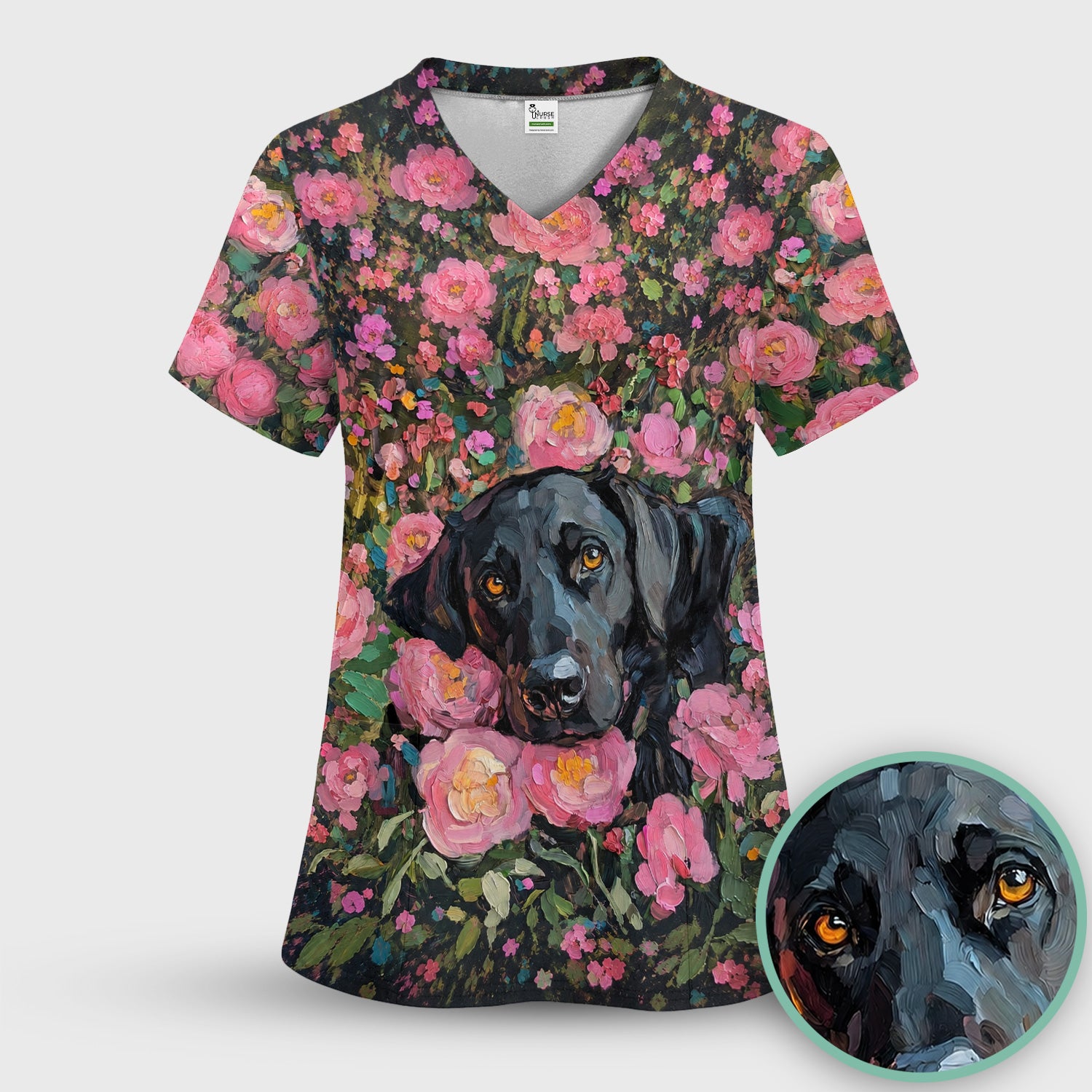 Painterly Floral Black Dog Pattern, Pet Lover Medical Scrub Set, Scrub Pants and V Neck Top