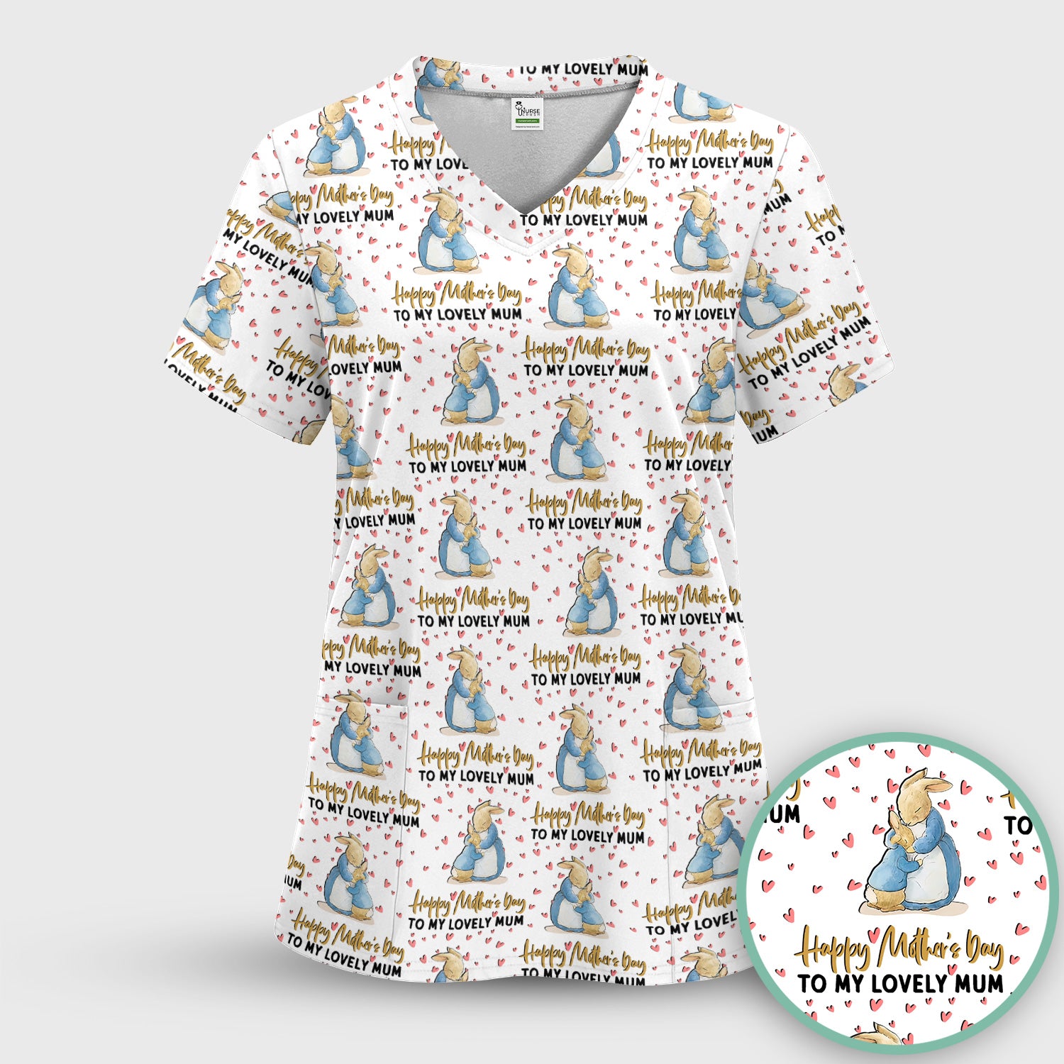 Happy Mothers Day Bunny Love Pattern Scrub Sets, Scrub Pants and V Neck Top