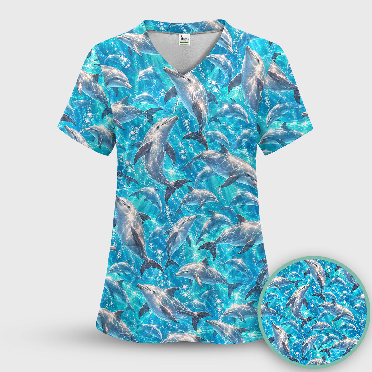 Blue Ocean Dolphin Pattern Scrub Top, Comfortable Scrubs for Nurses