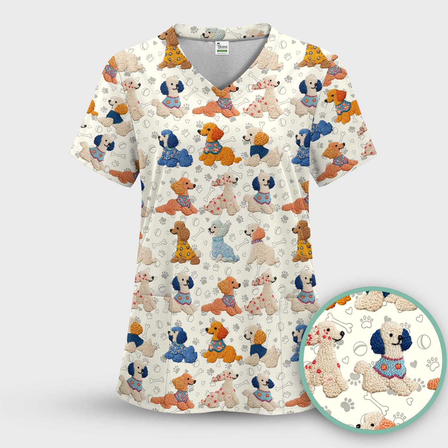 Cute Colorful Poodle Pattern Scrub Top, Comfortable Scrubs for Nurses