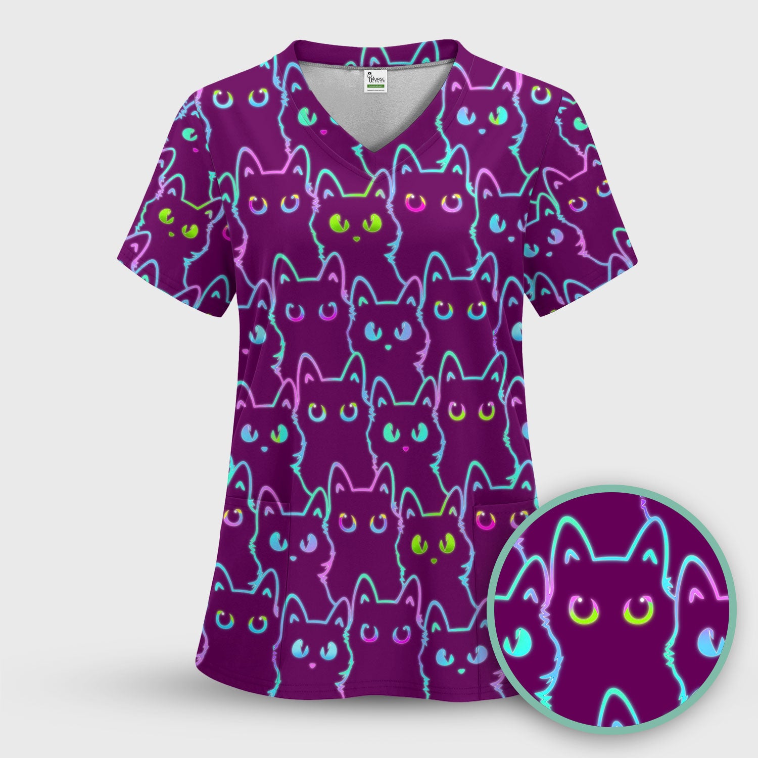 Neon Cat Pattern Scrub Top, Black Cat Scrub Shirt, Breathable Fabrics Nursing Uniform