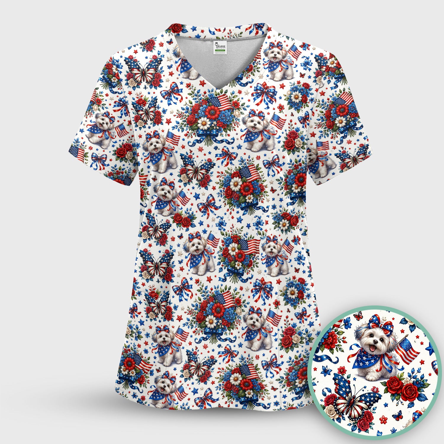 Patriotic Puppy Floral Bouquet Pattern Scrub Top, Comfortable Scrubs for Nurses
